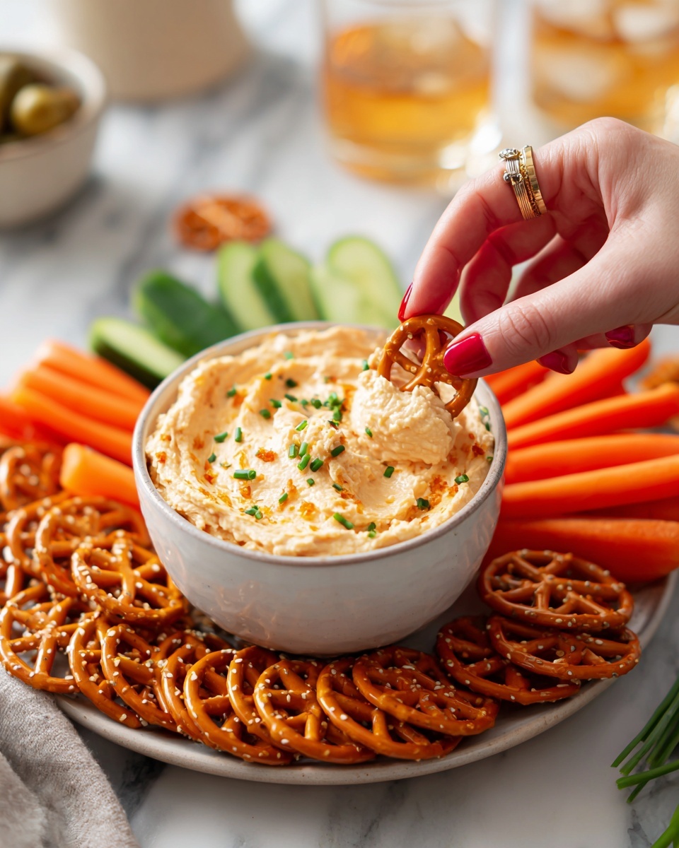 A close-up view of a white bowl filled with creamy, light orange hummus sprinkled with small green chive pieces, placed on a white marbled surface. Around the bowl is a layer of orange pretzel crackers with a crunchy texture, some standing upright and others lying flat. Behind the bowl, there is a neat row of bright orange baby carrots with green tops and some green cucumber slices arranged vertically. A woman's hand with red-painted nails and a ring is dipping one orange pretzel cracker into the hummus. In the blurred background, light amber-colored drinks in clear glasses and an olive bowl can be seen. photo taken with an iphone --ar 4:5 --v 7