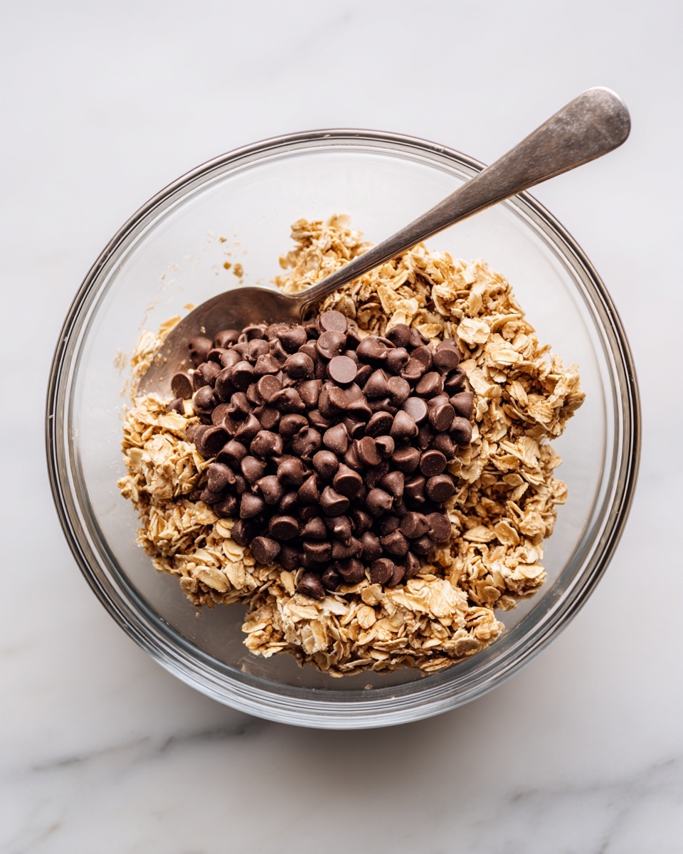 A clear glass bowl holds a thick mixture of oats and nuts with a golden brown color and rough texture, shaped into clumps around the edges. On top in the center is a piled heap of smooth, small, dark chocolate chips. Inside the bowl, a silver utensil rests on the left side, partially covered with the oat mixture. The bowl sits on a white marbled surface, and the scene is bright and clear. photo taken with an iphone --ar 4:5 --v 7