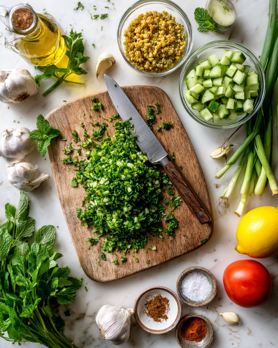 A wooden board sits on a white marbled surface showing chopped green herbs spread across the board. A knife with a wooden handle rests diagonally on the board, partly covered by the herbs. Above the board, two clear glass bowls hold diced green cucumber and cooked light brown grains. Around the board, a yellow lemon, two whole red tomatoes, a glass bottle with light golden oil, whole garlic bulbs, stalks of green onions, and fresh bunches of leafy mint and parsley are placed. A small clear bowl contains three spices: white salt, brown powder, and reddish-brown powder. The image is bright and fresh, capturing all ingredients neatly arranged. photo taken with an iphone --ar 4:5 --v 7