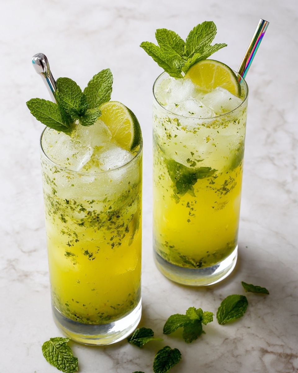 Two tall clear glasses filled with a yellow-green fizzy drink layered with several white ice cubes floating inside. Each drink is topped with a bright green mint leaf and a thin lime slice placed near the rim. There are tiny green herb particles sprinkled on top of the liquid surface. Both glasses have shiny, rainbow-colored metal straws. The drinks are placed on a white marbled surface with loose mint leaves scattered around. Photo taken with an iphone --ar 4:5 --v 7