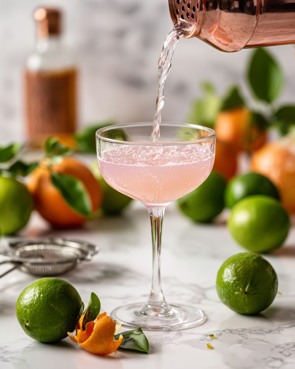 A tall clear glass with a thin stem holds two layers: a bottom layer of light pink liquid filling half the glass, and a top layer of light pink liquid being poured in from a copper cocktail shaker. The pouring liquid creates ripples and bubbles on the surface. Surrounding the glass on a white marbled surface are whole and halved green limes, small bright orange citrus fruits with green leaves, an orange peel curl, a silver metal citrus juicer, and a blurred bottle with a brown label in the background. Photo taken with an iphone --ar 4:5 --v 7