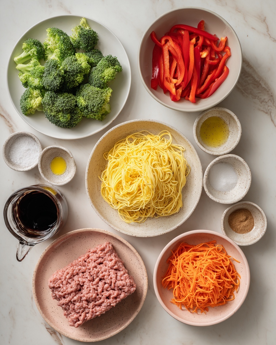 The image shows a top view of various ingredients arranged neatly on a white marbled surface. There are five main bowls and plates: a white plate with bright green broccoli florets on the top left, a white bowl filled with thin slices of red bell pepper on the top right, a beige speckled bowl holding cooked yellow noodles below the bell pepper, a white bowl with shredded orange carrots on the bottom right, and a light pink speckled plate in the center with a large block of pale pink ground meat. Surrounding these are small containers holding different ingredients including a dark sauce in a glass jug at the bottom left, a small bowl of salt, minced garlic, clear liquid, yellow oil, white powder, and brown sugar, all carefully placed around the central arranged bowls. The setting is clean and bright with a soft natural light. photo taken with an iphone --ar 4:5 --v 7
