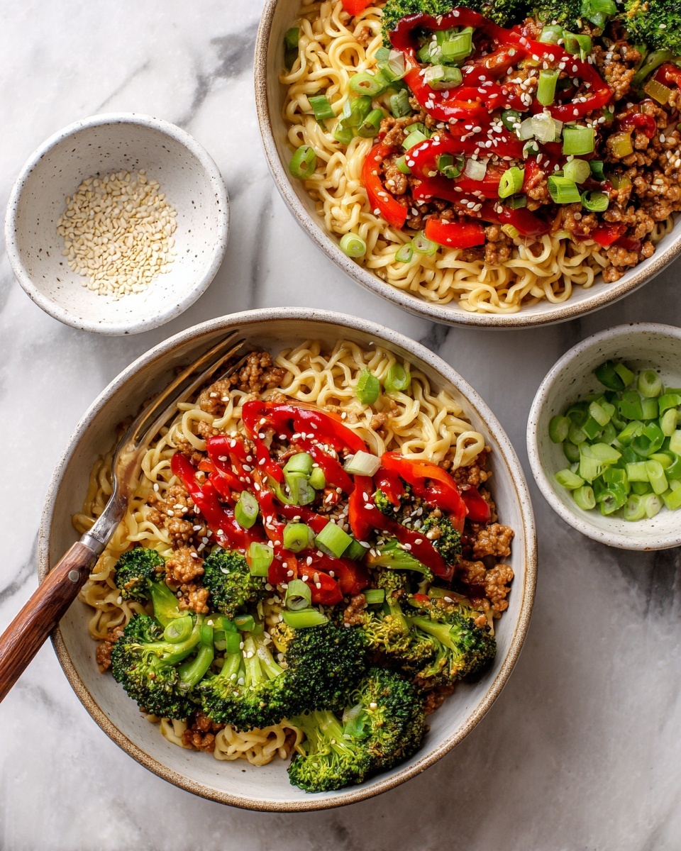 The image shows two bowls of stir-fried noodles on a white marbled surface. Each bowl has three main layers: the bottom layer is light yellow wavy noodles, the middle layer contains small green broccoli pieces, thin red bell pepper strips, and light brown cooked ground meat, and the top layer is a drizzle of red sauce with scattered white sesame seeds and green sliced scallions. A fork with a wooden handle rests in the bottom bowl, and two small white bowls on the side contain more green sliced scallions and white sesame seeds. Photo taken with an iphone --ar 4:5 --v 7