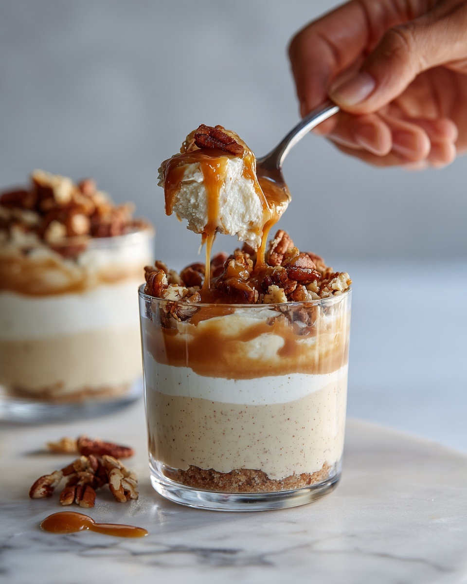 The image shows a close-up of a dessert in a clear glass cup placed on a white marbled surface. The dessert has three visible layers: the bottom layer is smooth and light beige with specks, the middle layer is a thick white cream that looks soft, and the top layer is made of crunchy caramel pecans with caramel sauce drizzled over it. A woman's hand is holding a spoon that has scooped out part of the dessert, showing the creamy texture inside. In the background, another glass with the same dessert is partly visible. Photo taken with an iphone --ar 4:5 --v 7