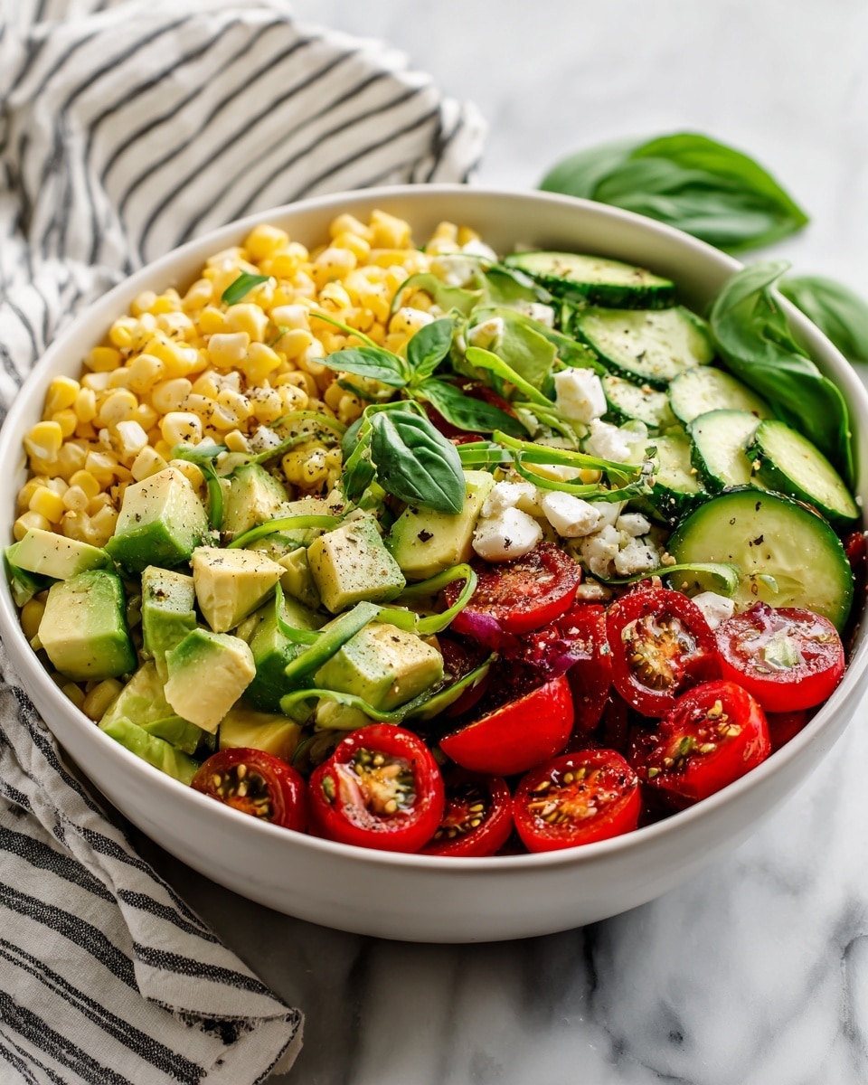 A white bowl filled with a colorful mix of fresh salad ingredients layered together: bright yellow corn pieces, light green avocado chunks, dark green cucumber slices, and red cherry tomato halves, all topped with thin strips of fresh green basil, sprinkled with small bits of white cheese and black pepper. The bowl sits on a white marbled surface with a white and black striped cloth in the background. photo taken with an iphone --ar 4:5 --v 7
