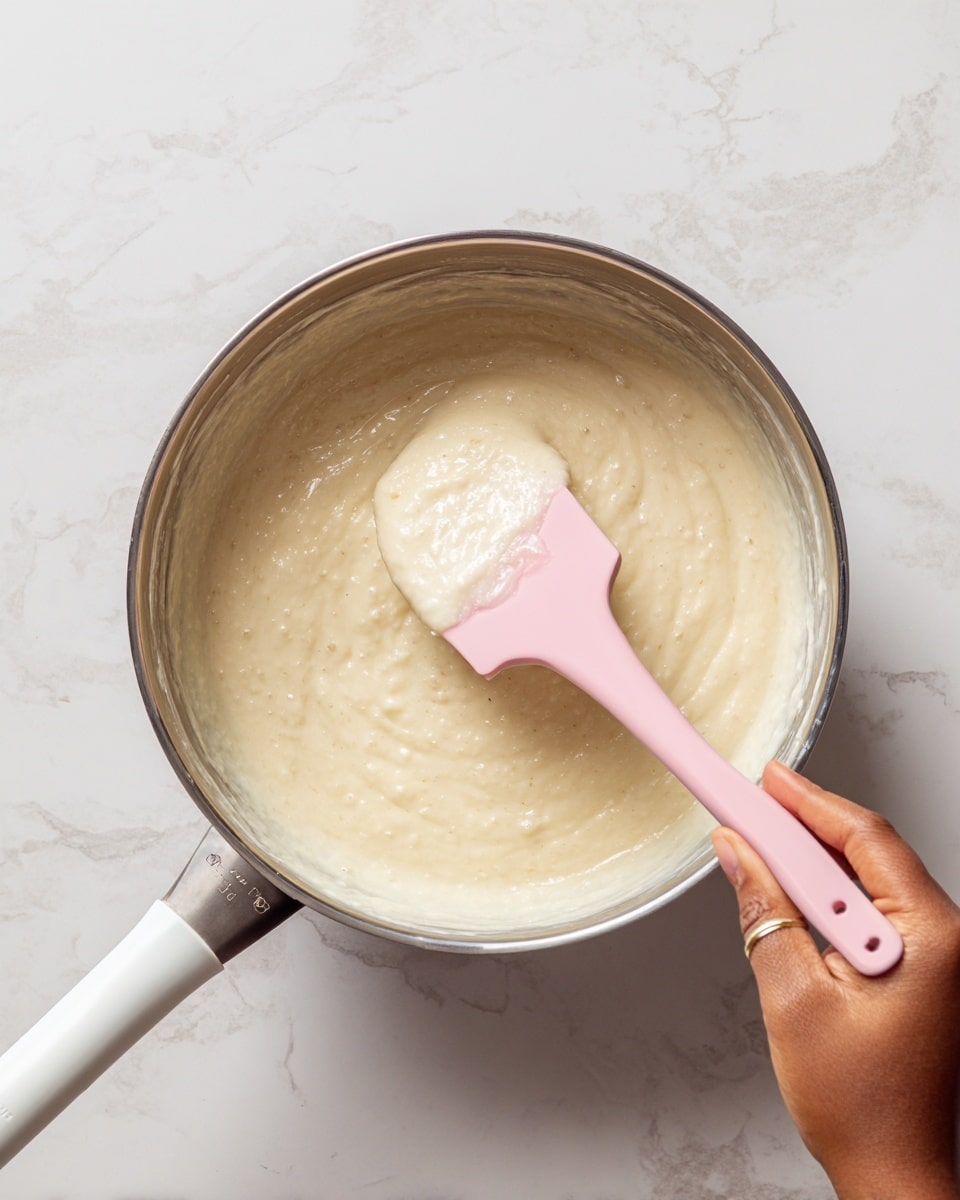 A close-up image shows a shiny metal bowl containing a thick, pale creamy batter with a smooth texture and slight air bubbles. One woman's hand holds the bowl's white handle on the left side, while the other woman's hand holds a light pink spatula lifting a scoop of the creamy batter. The background is a white marbled surface, adding a clean and bright look to the setting. photo taken with an iphone --ar 4:5 --v 7