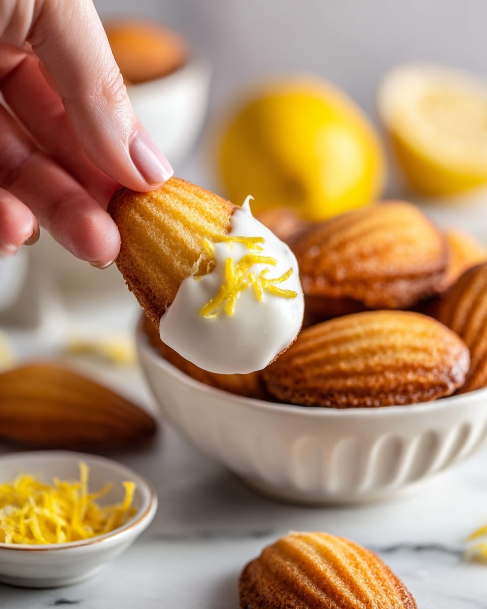 A golden brown, small, shell-shaped cake with a slightly puffy, soft top layer held between a woman's thumb and fingers is in the foreground. The cake's sides are darker and crispier, forming a nice contrast to the pale, light-yellow top that shows a fine texture. In the background, a white plate with thin yellow lemon zest curls scattered over it is near the bottom, with a brown wire tray holding many more of the same cakes placed slightly out of focus. To the right, there are several whole bright yellow lemons and one lemon half, all set on a white marbled surface. The photo is taken with an iphone --ar 4:5 --v 7