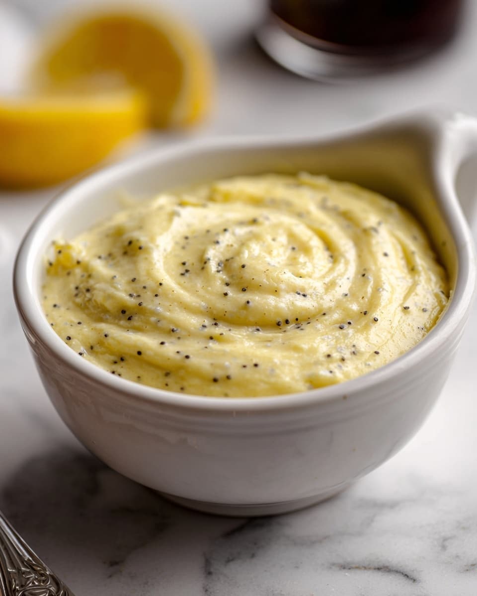 A white bowl filled with pale yellow batter mixed with many small black poppy seeds, showing a thick and creamy texture with some swirls on the surface. The bowl has a spout and is placed on a white marbled surface. In the background, there is a blurred lemon slice and a dark container. Photo taken with an iphone --ar 4:5 --v 7