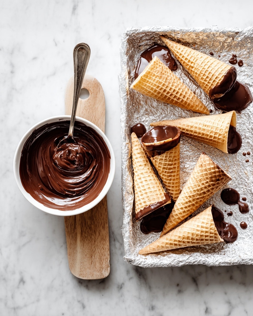 The image shows a wooden board on a white marbled surface, with a white bowl on the left filled with thick, smooth dark brown chocolate and a metal spoon inside it. On the right, there is a white tray covered with silver foil, holding nine upside-down waffle cones, each coated evenly on the inside with shiny chocolate, which is dripping a little on some cones. The light creates reflections on the chocolate and foil, giving a fresh, clean kitchen look. Photo taken with an iphone --ar 4:5 --v 7
