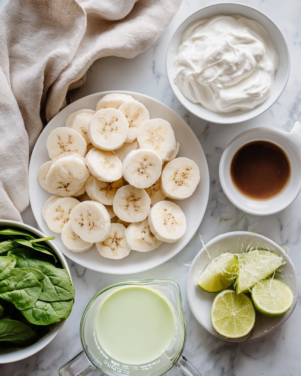 The image shows several small white bowls and a white plate arranged on a white marbled surface. In the center is a white plate filled with thick, round slices of banana, light yellow with some brown specks. Above it are two small white bowls, one with thick white yogurt-like cream and the other with brown liquid. To the right, there is a small white plate with bright green lime zest and two lime halves showing their juicy, light green insides. Below these, there is a clear measuring cup with white liquid and a white bowl filled with light green juice. At the bottom left, a white bowl is full of fresh, dark green spinach leaves. A beige cloth is folded near this bowl. The colors are soft and fresh, and the lighting is bright and natural. photo taken with an iphone --ar 4:5 --v 7