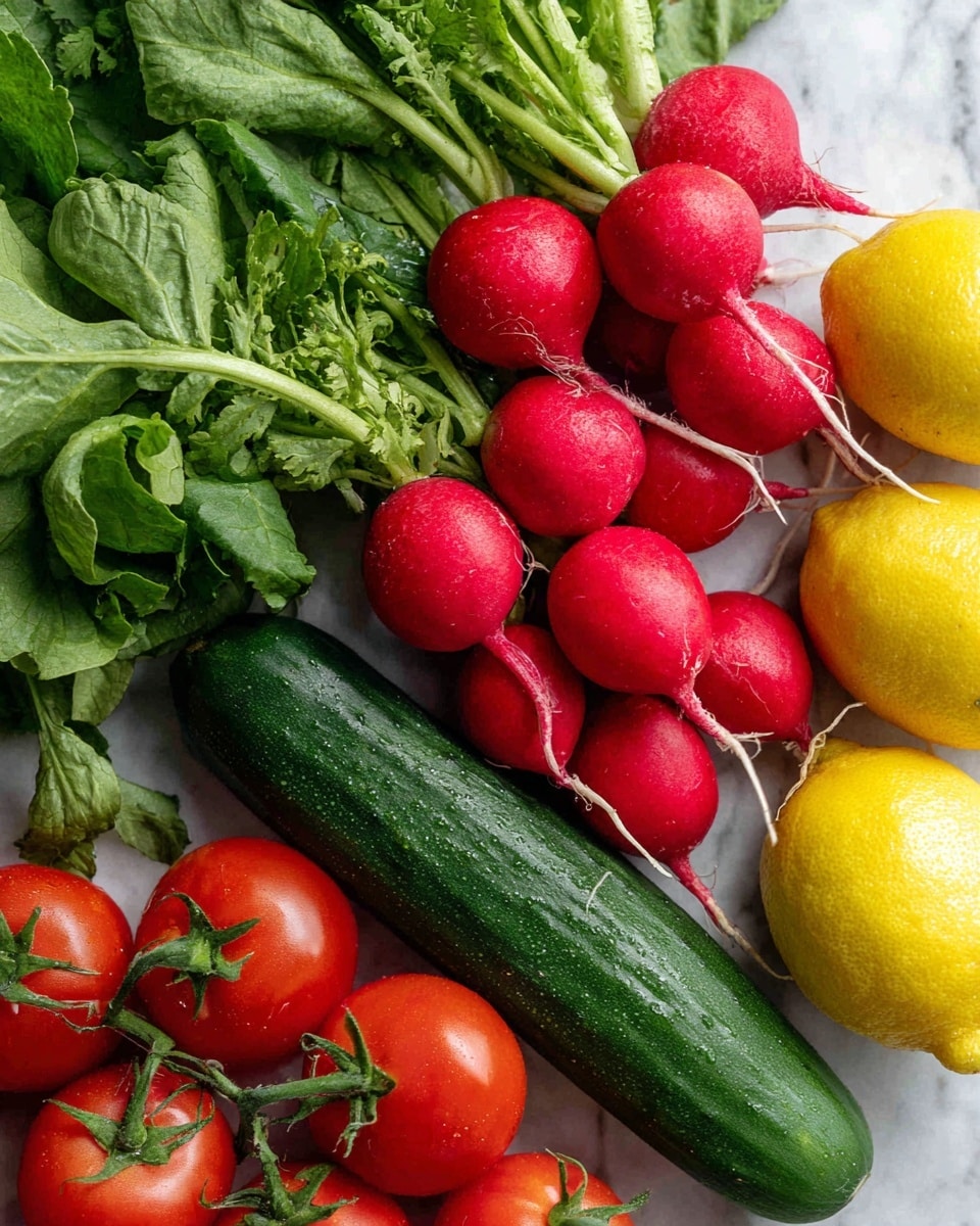 A close-up image of fresh vegetables arranged on a white marbled surface, featuring three main groups: on the left, bright red radishes with smooth skin and long thin white roots surrounded by green leafy tops; in the center, a dark green cucumber with a glossy texture lying next to more leafy green herbs; and on the right, several vivid red tomatoes attached to thin green stems, with smooth shiny surfaces. At the bottom right corner, two yellow lemons with slightly rough skin are partially visible. The overall color contrast between red, green, and yellow creates a fresh and vibrant look. photo taken with an iphone --ar 4:5 --v 7