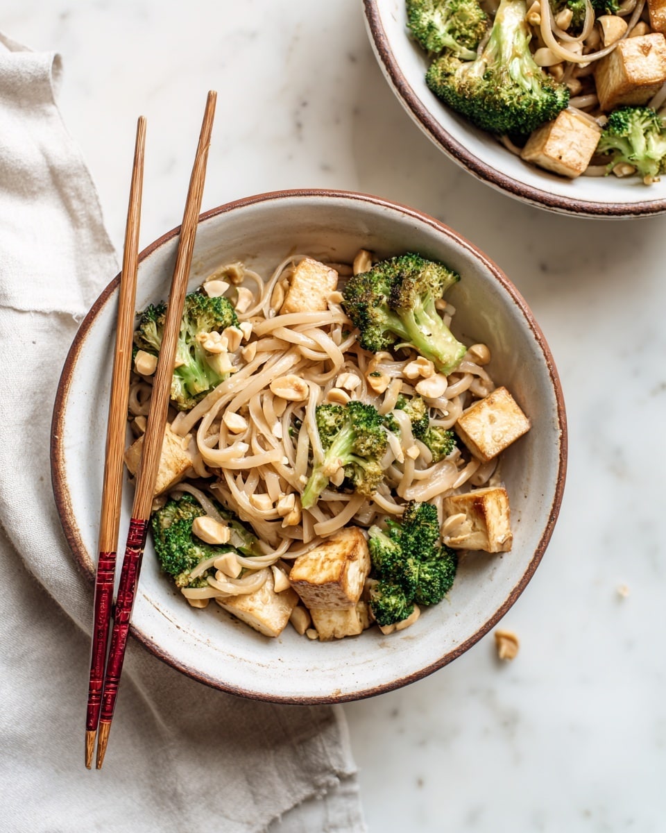 The image shows a bowl with a mix of wide white noodles that are glossy and soft, coated in a light brown sauce. There are bright green broccoli pieces scattered around, adding fresh texture and color. Golden brown tofu cubes with a slightly crispy surface are mixed in, along with light brown peanuts that add crunch. Near the center, a pair of brown wooden chopsticks hold some noodles and broccoli, lifting them slightly above the bowl. The bowl is white with dark specks, sitting on a white marbled surface, with part of a light beige cloth visible on the side. photo taken with an iphone --ar 4:5 --v 7