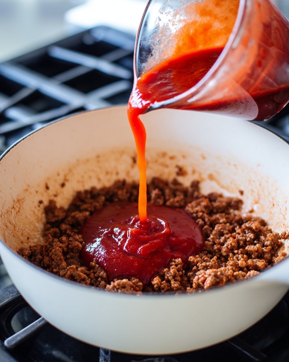 In a white pot filled with browned ground meat evenly spread out, a thick red sauce is being poured in from a clear glass cup. The sauce flows down in a smooth stream onto the center of the meat, creating a contrast between the deep red liquid and the brown cooked meat pieces. The pot rests on a stovetop with black burners, and the background has a slight blur, focusing on the sauce pouring action. The white pot's inner surface has some specks of browned bits visible. photo taken with an iphone --ar 4:5 --v 7
