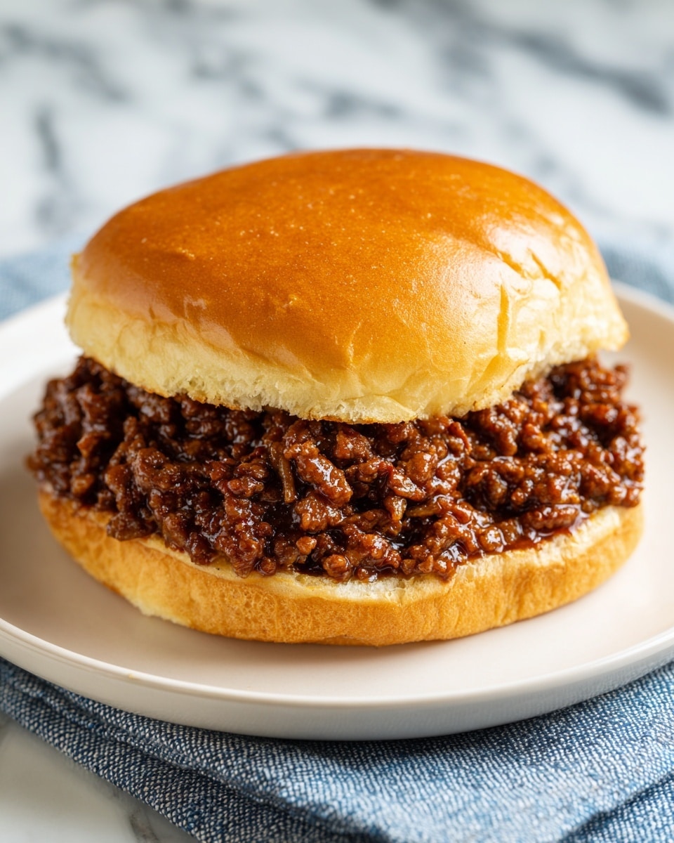 A white plate holds a sandwich with two layers: a soft, shiny golden brown bun on top and the bottom, with the middle layer filled with chunky, moist, dark brown cooked minced meat mixture that looks thick and rich in sauce, spreading slightly beyond the bun edges. The plate is placed on a white marbled surface with a blue and white cloth partially visible below. photo taken with an iphone --ar 4:5 --v 7