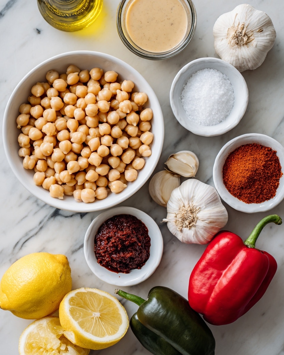 A white bowl filled with light brown chickpeas sits in the center of the image, surrounded by several small white bowls containing various ingredients: one with a beige creamy sauce, one with white salt, one with a dark red paste, and another with reddish powder. Fresh lemon halves with bright yellow color rest on the left side near the bowl. Two whole peppers, one bright red and one dark green, are placed on the right side, next to three peeled garlic cloves. A small glass bottle of olive oil is also visible in the upper left area. All items are set on a white marbled surface. photo taken with an iphone --ar 4:5 --v 7