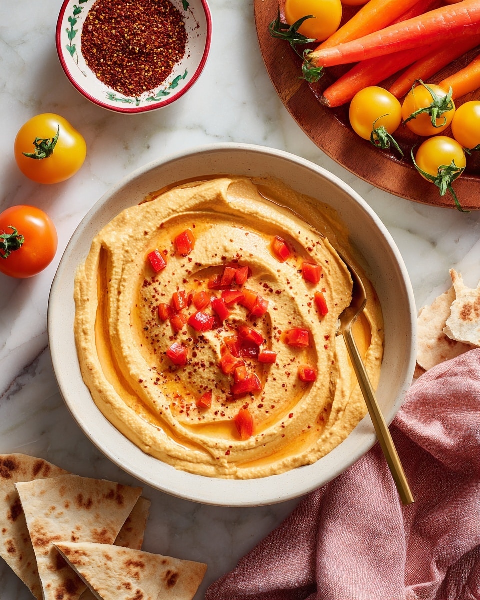 A shallow white bowl holds a thick, creamy dip with a light orange color, swirled with smooth waves on the surface and topped with small, bright red diced peppers and a sprinkle of dark seasoning. A golden spoon rests in the bowl, partially submerged in the dip. Around the bowl, there are triangular pieces of warm flatbread lightly browned and stacked in a small pile on a white marbled surface. To the upper right, a round wooden platter holds a cluster of small yellow cherry tomatoes on green stems, orange baby carrots with light green tops, and thin slices of red bell pepper. To the upper left is a small white bowl with a red rim filled with a coarse dark red spice powder, and a single yellow tomato lies between the bowl and platter. A pink cloth napkin peeks from the bottom right corner. photo taken with an iphone --ar 4:5 --v 7