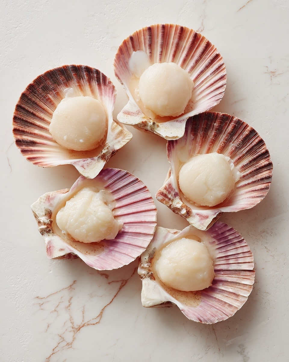The image shows six raw scallops, each placed on an open shell. The shells have a light pinkish-white color with darker brown areas near the hinge and soft ridges running from the center to the edges. The scallops are round and creamy white, sitting in the middle of each shell. They rest on a white marbled surface that adds a clean, bright background to the image. The overall look is fresh and natural, focusing on the smooth texture and soft colors of the scallops and shells photo taken with an iphone --ar 4:5 --v 7