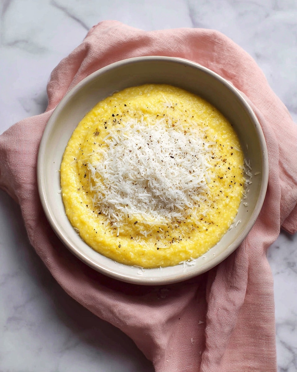A shallow bowl filled with smooth, bright yellow polenta with a creamy texture, topped with a thin layer of grated white cheese and small specks of cracked black pepper scattered on top; the bowl rests on a soft pink cloth, all set on a white marbled surface; photo taken with an iphone --ar 4:5 --v 7