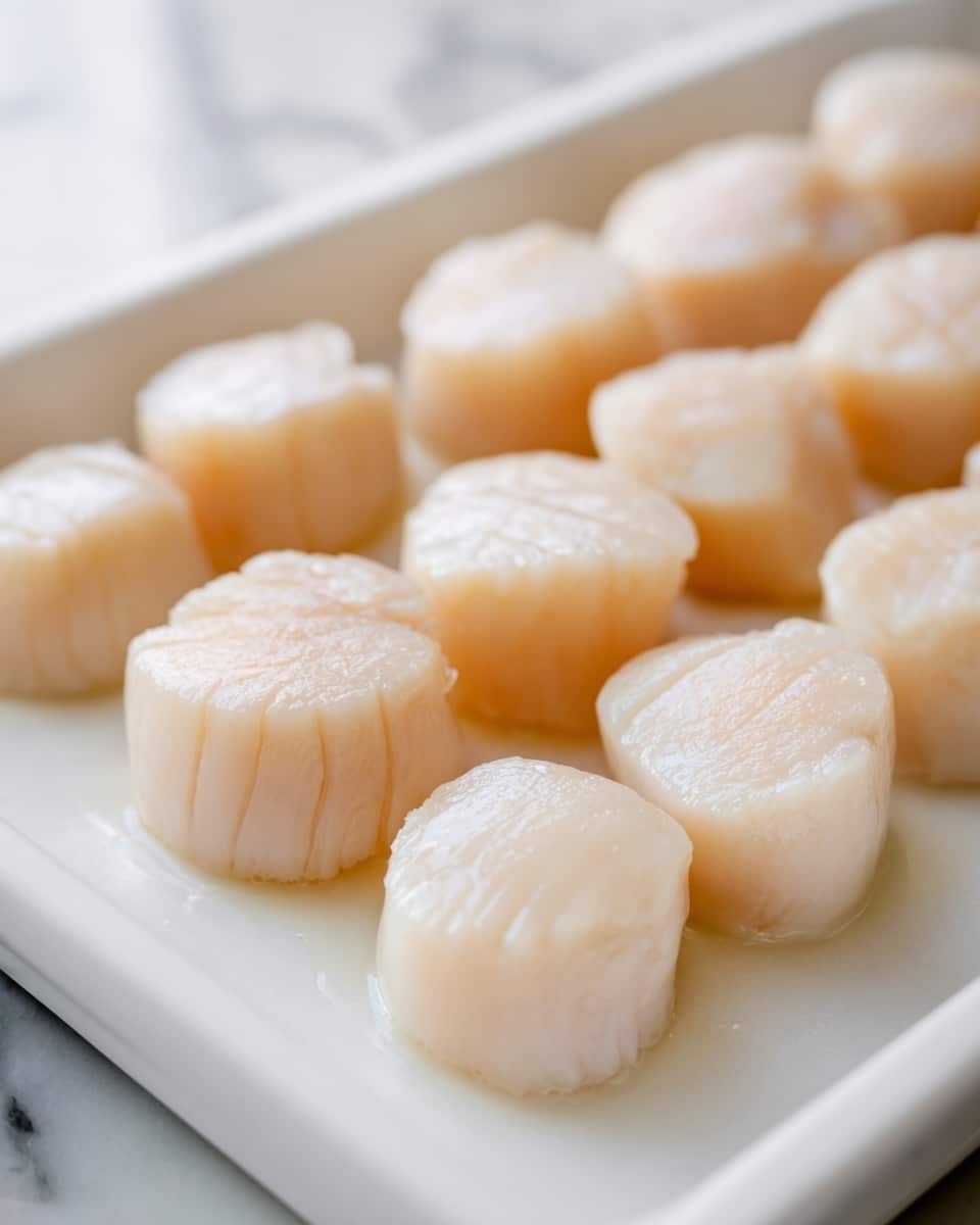 Several pieces of raw scallops are neatly placed in rows on a white tray. Each scallop is pale cream in color with a smooth, slightly shiny surface and soft, rounded edges. The scallops vary slightly in size but are all similar in shape, showing natural, subtle ridges and small cracks. The white tray contrasts with the scallops, making them stand out clearly. The background is a white marbled texture. photo taken with an iphone --ar 4:5 --v 7