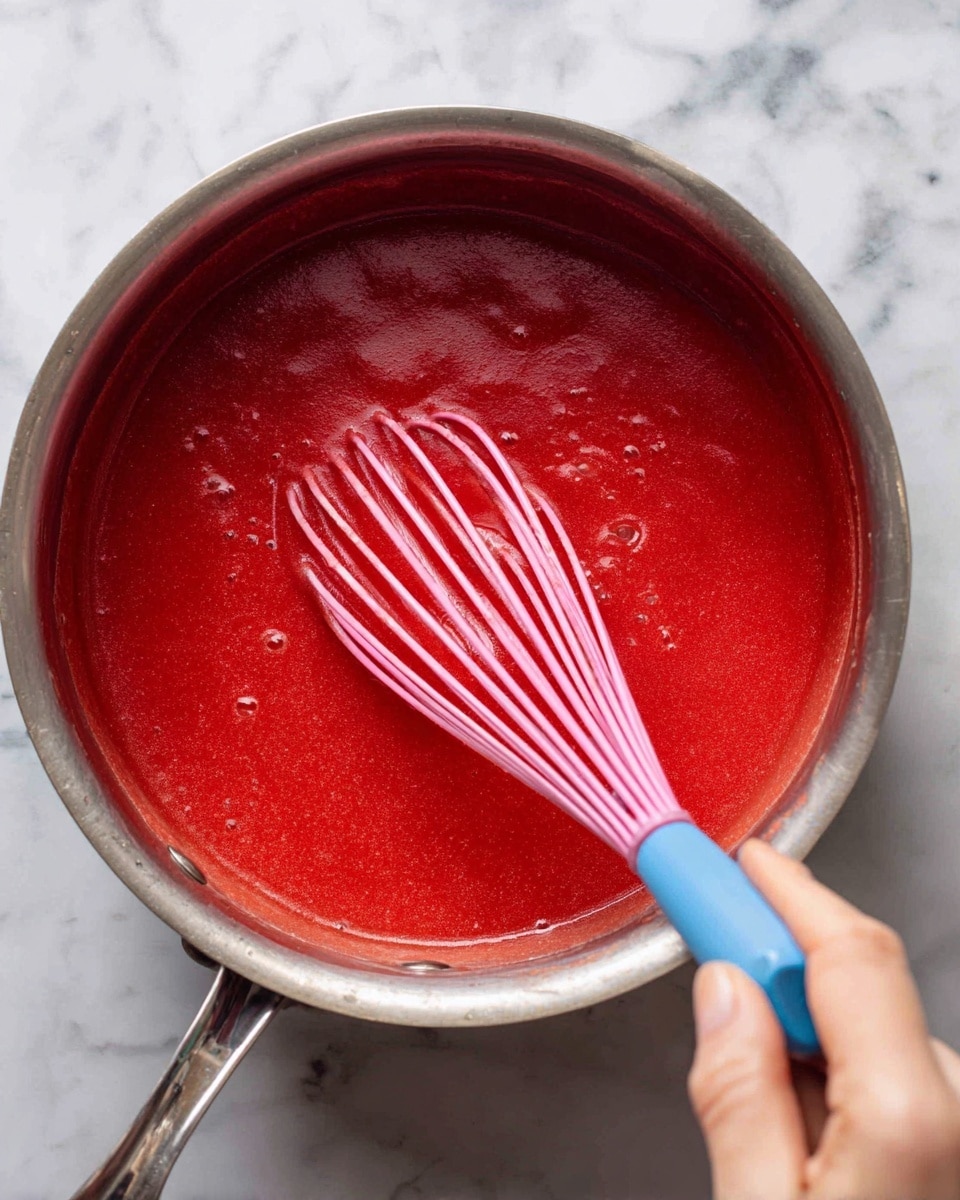 A close-up view of a metal pot filled with smooth, thick red sauce being stirred by a pink whisk with a metal handle on the left side and a blue silicone spatula held by a woman's hand on the right side. The red sauce has a glossy, even texture, showing small bubbles on the surface. The pot's edge is shiny and reflective, with a simple design and a curved handle partially visible in the foreground. The background is a white marbled texture. photo taken with an iphone --ar 4:5 --v 7