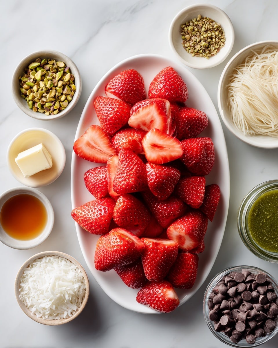 A white oval plate filled with bright red strawberries, many of them cut in half to show their juicy interior, sits in the center on a white marbled surface. Around it are seven small white or neutral bowls holding different ingredients: finely chopped green pistachios, two small square pieces of pale yellow butter, a small amount of white solid coconut oil, smooth tan-colored tahini, a bowl of thin off-white vermicelli-sized noodles, a jar with thick green sauce, and a bowl filled with dark brown chocolate chips. The setup is neat and organized, with clear contrast between the vibrant strawberries and the muted tones of the surrounding ingredients. photo taken with an iphone --ar 4:5 --v 7