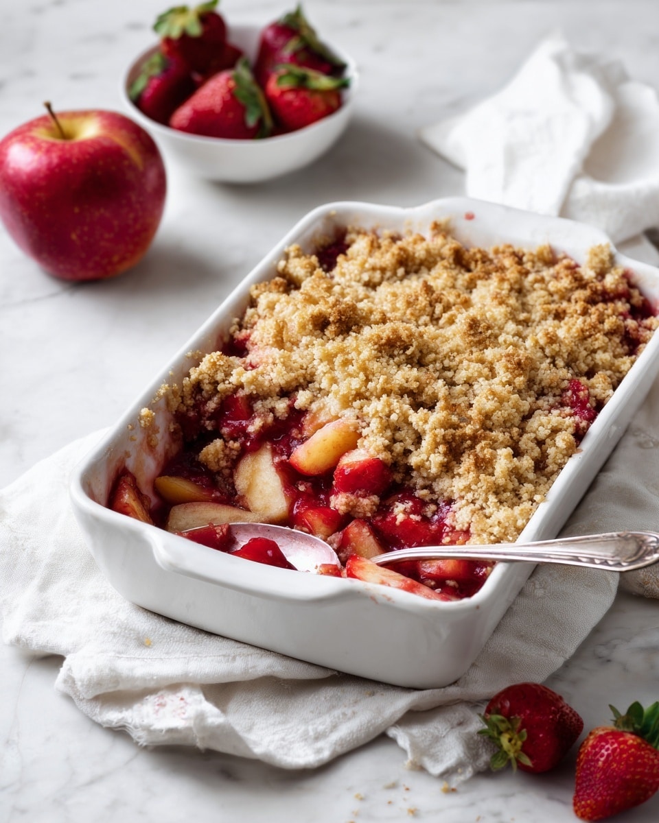 A rectangular white baking dish filled with a fruit crumble that has two visible layers: a bottom layer of bright red fruit filling and a thick top layer of golden crumbly topping with a rough texture and uneven clumps. The dish is placed on a soft white cloth atop a white marbled surface. Nearby, there is a whole red apple with a smooth skin, half an apple showing its cream inside and seeds, and scattered fresh strawberries with green tops on the cloth and in a white bowl. Photo taken with an iphone --ar 4:5 --v 7