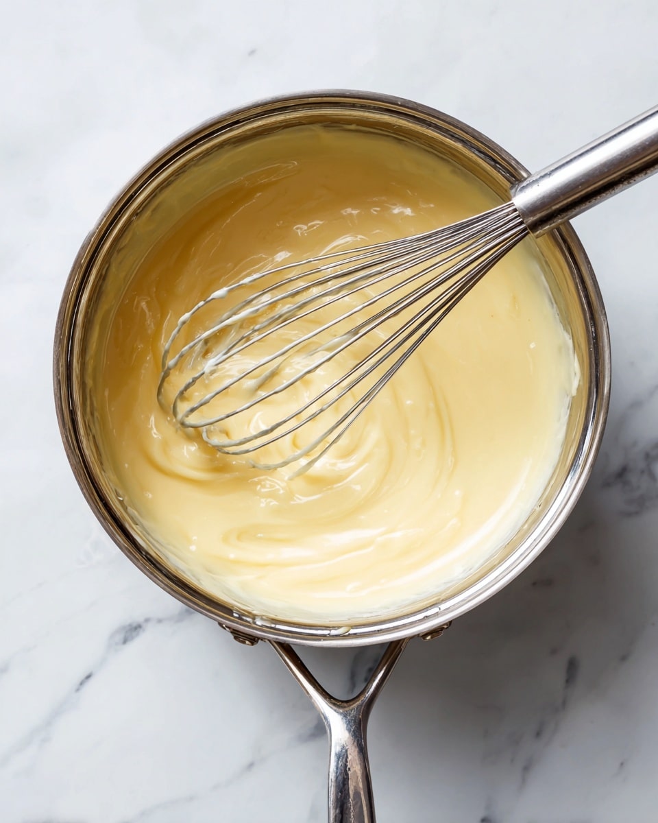 A shiny metal pot is filled with a thick, pale yellow creamy sauce that looks smooth and soft. A silver metal whisk is resting inside the pot, partially covered with the sauce, with the handle angled diagonally towards the top right corner. The pot handle points downwards and the background shows a white marbled surface. The pot rim reflects light, adding a glossy effect. Photo taken with an iphone --ar 4:5 --v 7