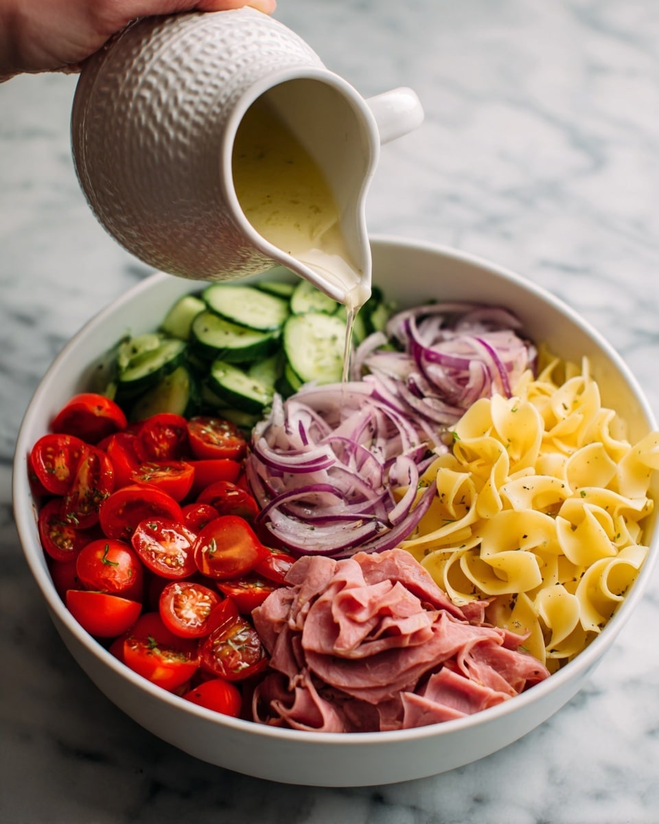 A close-up view of a white bowl filled with a colorful salad arranged in separate sections: bright red cherry tomatoes at the front, dark green cucumber slices to the left, finely sliced pink deli meat in the center, tangy yellow pasta ribbons near the bottom right, and thinly sliced red onions at the top right. Above the bowl, a woman's hand is holding a textured white ceramic pitcher tilted to pour a light, liquid dressing into the salad. The scene is set against a white marbled surface background. photo taken with an iphone --ar 4:5 --v 7
