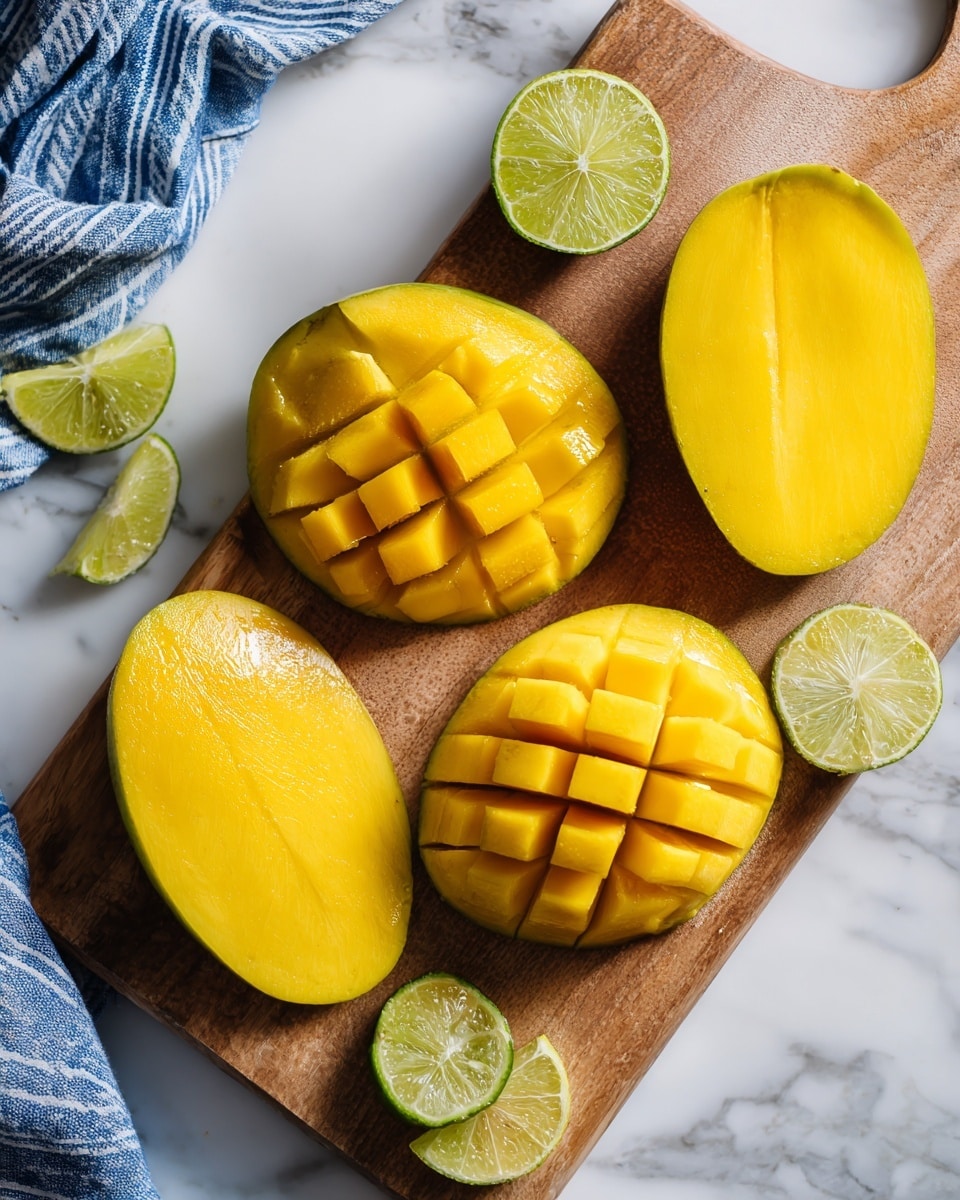 A wooden board is placed on a white marbled surface, holding five mango halves. Four of the mango halves show smooth, bright yellow flesh with a shiny texture. One mango half is cut into small cubes but still attached to the skin, displaying a grid-like pattern of yellow cubes. Next to the mangoes, there are four small lime wedges with a light green flesh and white rind, scattered on the board. A blue and white striped cloth is partially visible in the top left corner. Photo taken with an iphone --ar 4:5 --v 7