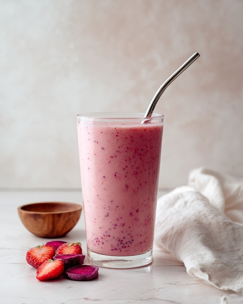 A tall clear glass filled with a pink smoothie that has specks of darker pink and purple fruit mixed inside. A silver metal straw sticks out from the top of the smoothie. The glass sits on a white marbled surface with four bright pink-purple pieces of sliced fruit scattered around it. A small wooden bowl and a white cloth napkin are placed softly in the background. The background is plain with a light, soft color. photo taken with an iphone --ar 4:5 --v 7