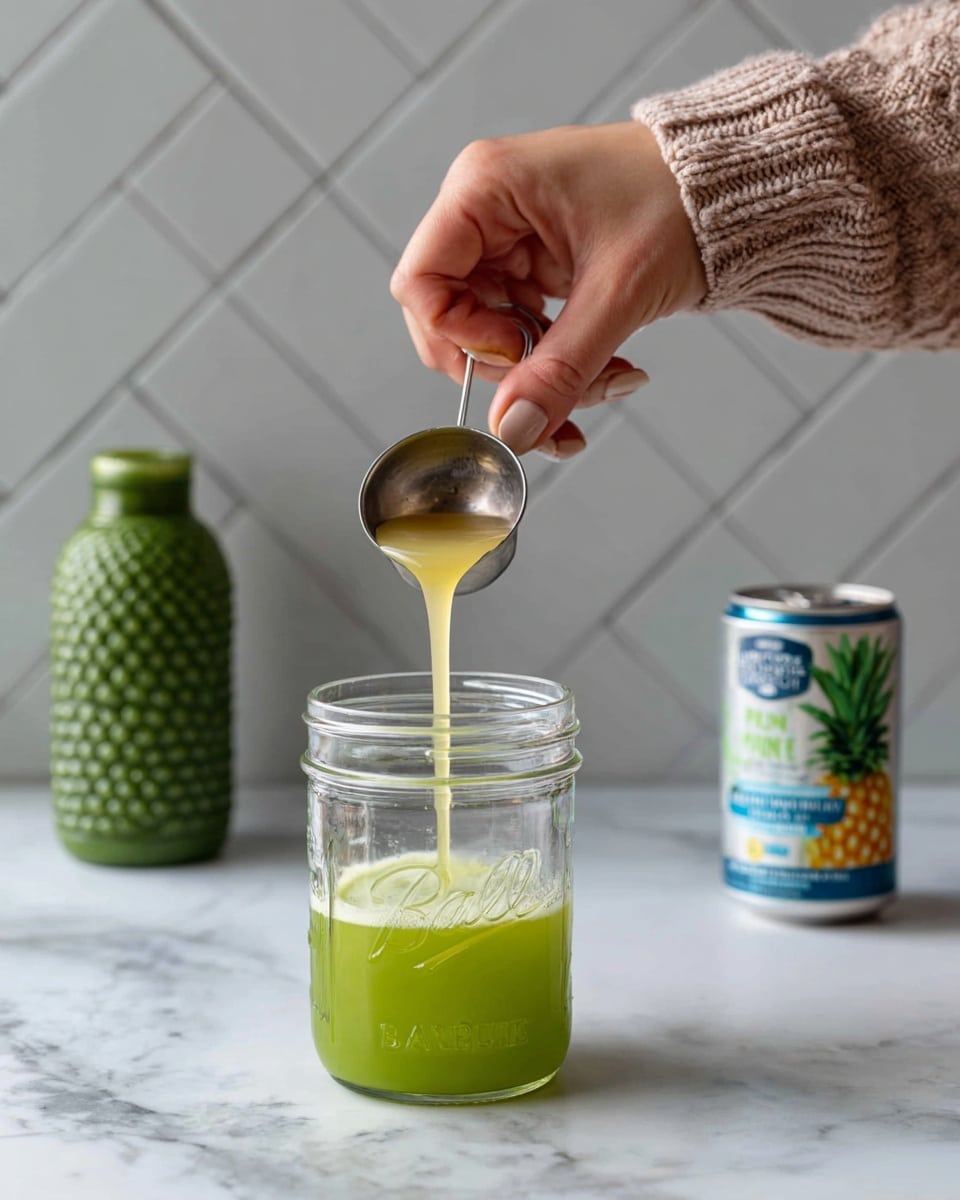 A clear glass jar is placed on a white marbled surface, filled about one-third with bright green liquid. A woman's hand is pouring a pale yellow juice from a small silver measuring cup into the jar. To the left, a green textured bottle is partially visible, and to the right, there is a small can of pineapple juice with blue and white labeling. The background shows a white tiled wall with a herringbone pattern. Photo taken with an iphone --ar 4:5 --v 7