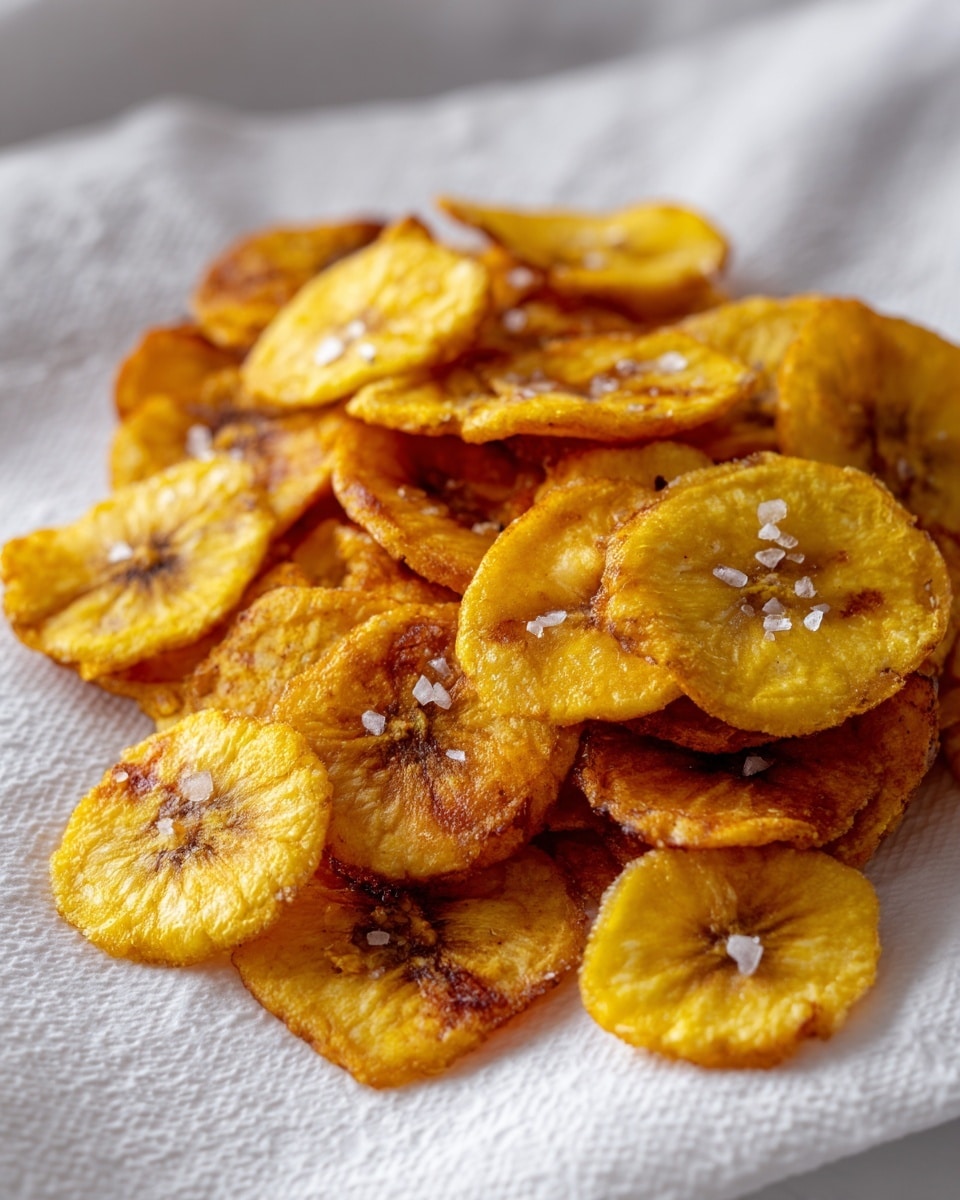 A pile of golden yellow plantain chips with uneven, slightly curled edges lies on a white paper towel. Each chip has a shiny, crisp texture with some darker golden spots around the edges and the centers, showing slight caramelization. Small flakes of coarse salt are sprinkled on top, adding a sparkling contrast against the warm yellow and orange tones of the chips. The white paper towel beneath them has a soft, quilted texture that catches the light, all set on a white marbled surface. photo taken with an iphone --ar 4:5 --v 7