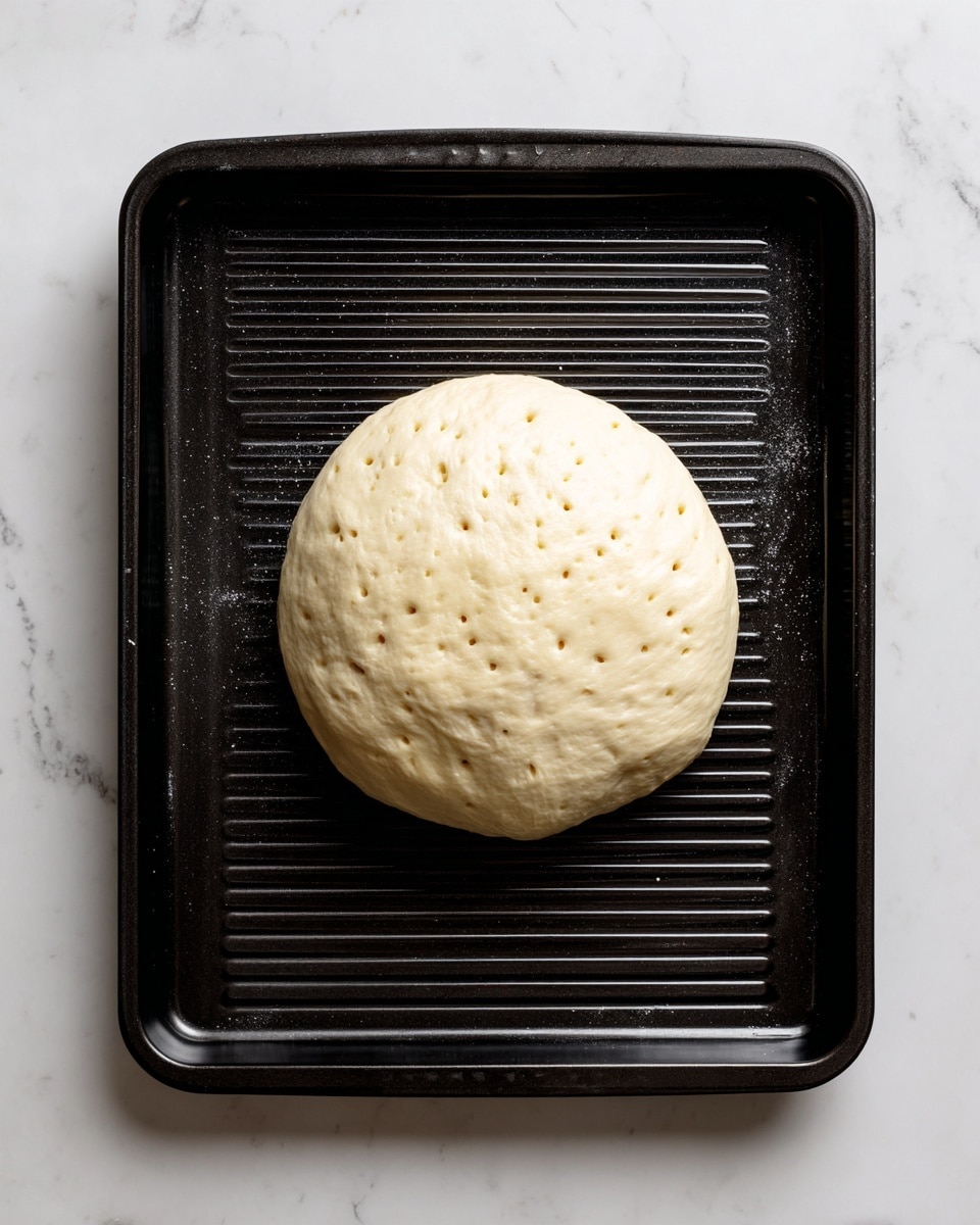 A single, round piece of pale dough with small holes poked across the middle layer sits flat on a black metal cooking tray with perforations. The dough has a slightly uneven surface texture, showing some soft creases and light browning in spots. The cooking tray has a dark, slightly shiny finish with ridged edges and is placed inside a deep black container with curved corners. The whole image is set against a white marbled surface. photo taken with an iphone --ar 4:5 --v 7