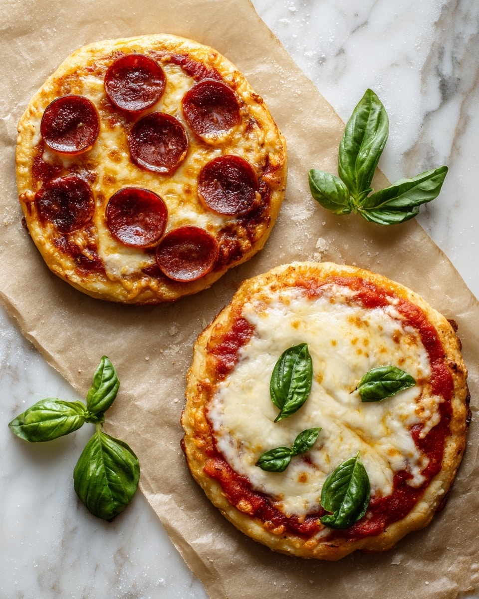 Two small pizzas rest on light brown parchment paper on a white marbled surface. The pizza on the left has one layer of golden-brown crust topped with melted cheese and a layer of dark red pepperoni slices spread across the top. The pizza on the right features a thick, golden crust as the first layer, followed by a layer of bright red tomato sauce, then a melted white cheese layer with some browned spots, and is topped with large fresh green basil leaves unevenly placed across the pizza. Some loose basil leaves sit on the white marbled surface nearby. photo taken with an iphone --ar 4:5 --v 7