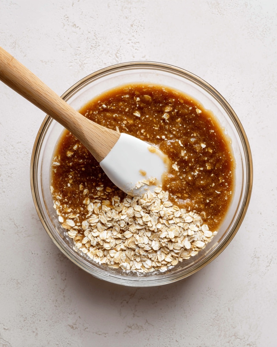 A clear glass bowl holds a mixture with two main layers: the larger portion is a thick, grainy brown liquid with small visible bits, and a smaller part is dry light brown rolled oats resting on the side, not yet mixed in; a white spatula with a light wood handle stirs the mixture, with the spatula head partially submerged in the brown liquid and oats, all placed on a white marbled surface photo taken with an iphone --ar 4:5 --v 7