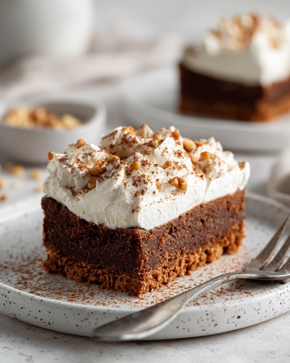A close-up view of a single slice of dark brown baked dessert with a rough, crumbly texture, topped with a thick layer of white whipped cream sprinkled with light brown cinnamon powder, placed on a white speckled plate. Small nut pieces are scattered around the edges of the slice, and a silver fork lies beside it. In the blurred background, there is another slice of the same dark dessert on a similar white speckled plate, all set against a white marbled textured surface. Photo taken with an iphone --ar 4:5 --v 7