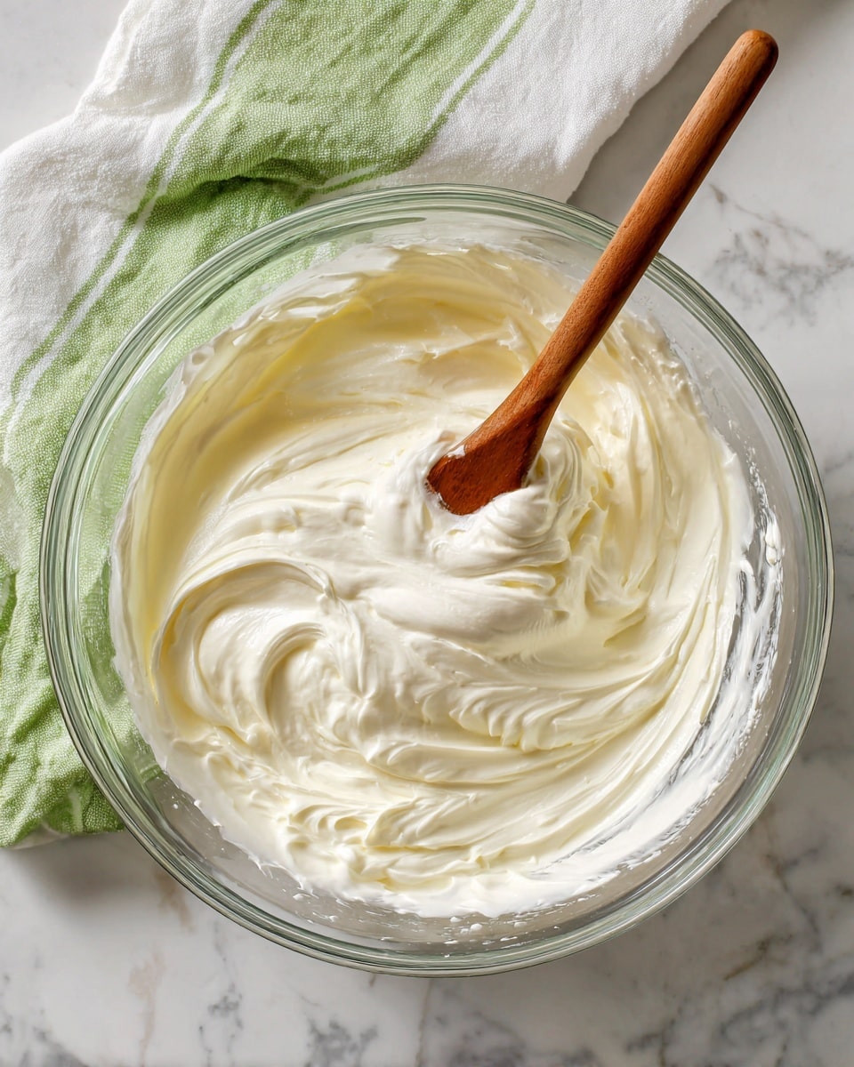 A clear glass bowl filled with a smooth, thick, creamy white mixture, with soft peaks and swirls throughout, being mixed by a brown wooden spatula resting inside. The bowl is placed on a white marbled surface with a green and white striped cloth partially visible in the background. Photo taken with an iphone --ar 4:5 --v 7