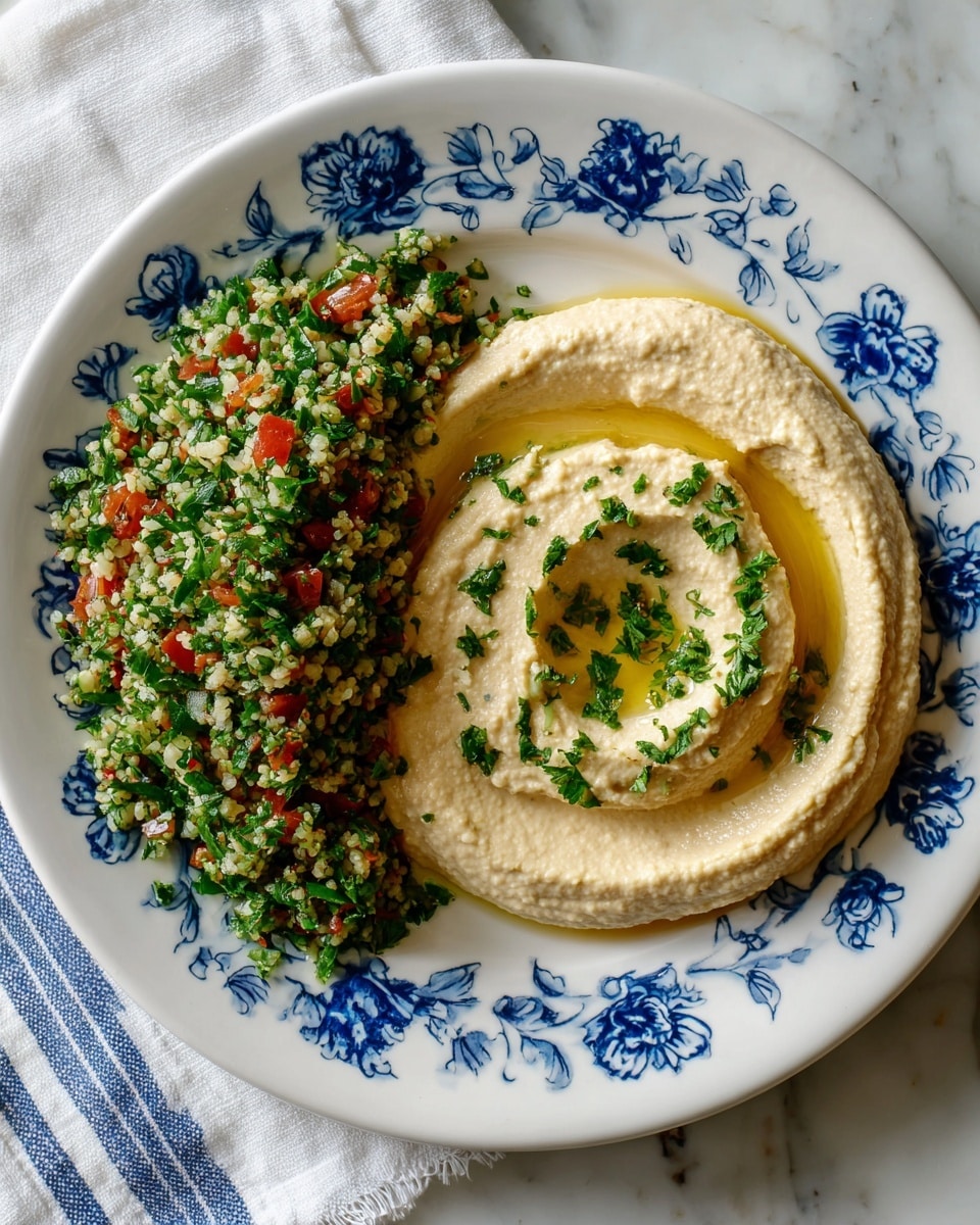 A white plate with blue floral patterns around the edge holds two food layers: on the left side, a green tabbouleh salad made of finely chopped parsley, small red tomato pieces, and bulgur, giving it a fresh and textured look; on the right, smooth, creamy beige hummus with a drizzle of olive oil pooling in the swirled grooves and a light sprinkle of green herbs on top. The plate sits on a white marbled surface with a white cloth featuring blue stripes visible on the left side. photo taken with an iphone --ar 4:5 --v 7