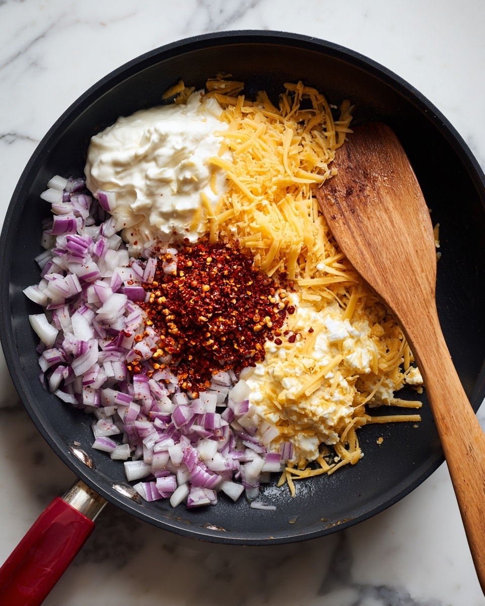 A black frying pan sits on a white marbled surface, filled with four main layers each covering a part of the pan's surface: diced purple onions sautéed in melted butter creating a shiny texture, a mound of red chili flakes with a coarse grainy texture, a dollop of creamy sour cream in bright white with a smooth surface, and shredded yellow cheese varying in thin and thicker strands; a wooden spatula with a red handle rests diagonally in the pan, slightly touching the cheese layer. Photo taken with an iphone --ar 4:5 --v 7