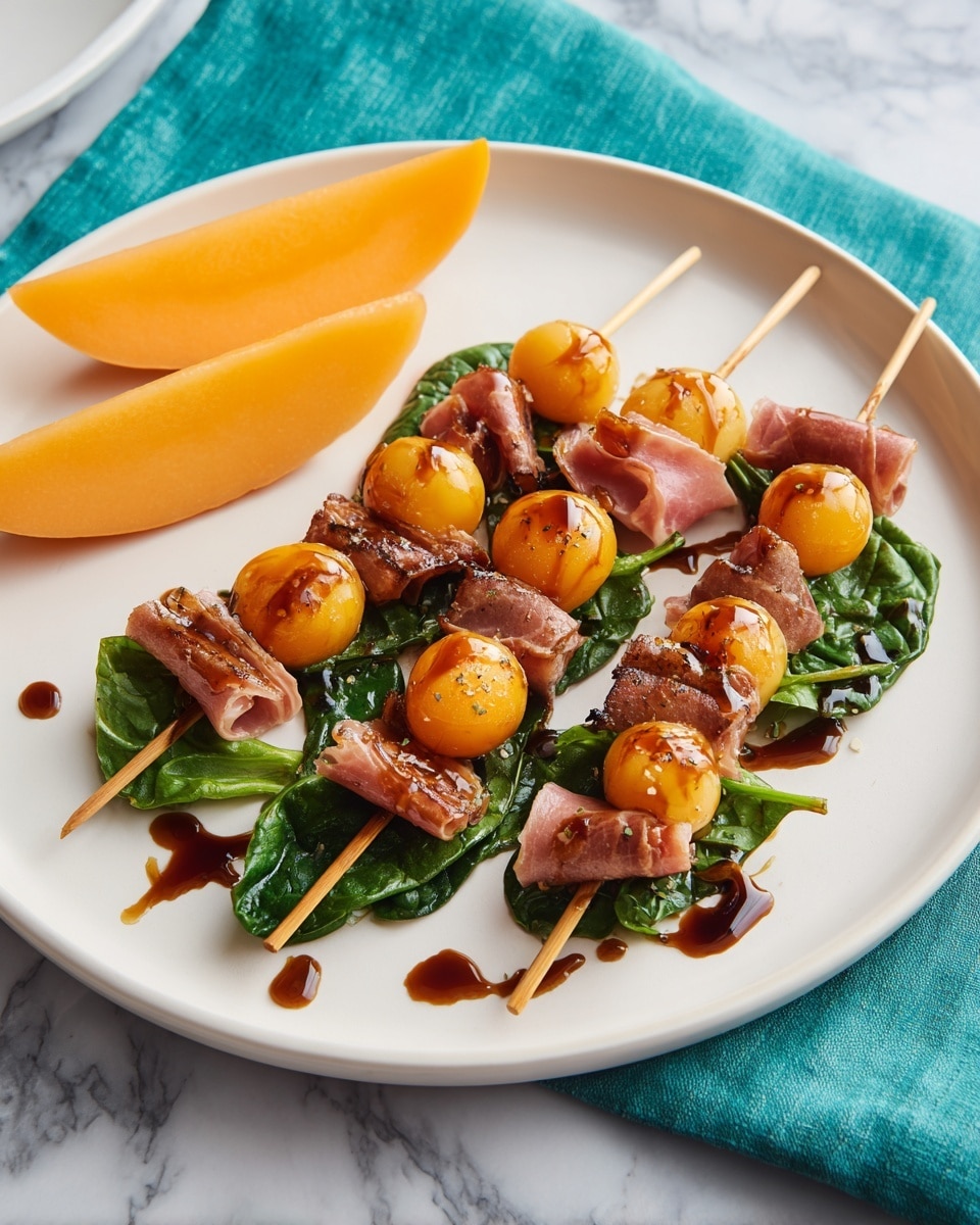 A white round plate holds skewers with three layers on each: the bottom layer is fresh green spinach leaves, the middle layer is thin pink slices of rolled meat, and the top layer is round orange melon balls with a light grilled texture. The skewers are drizzled with a dark glossy sauce. On the left side of the plate, there is a long slice of bright orange melon. The plate rests on a white marbled surface with a teal cloth beside it. Photo taken with an iphone --ar 4:5 --v 7