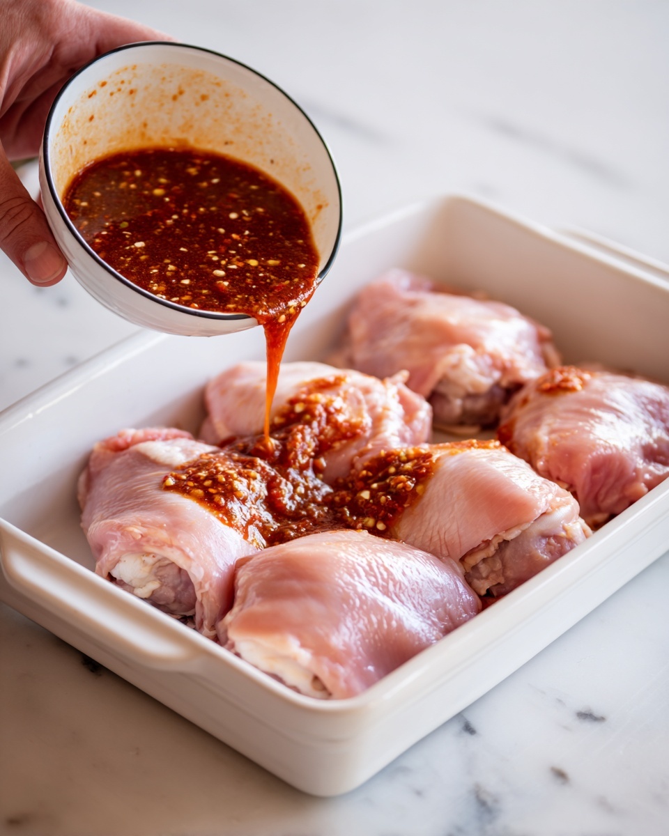 A white rectangular dish holds six pieces of raw pink chicken thighs neatly arranged in two rows covering the entire base. A thick dark red sauce with visible bits of garlic and chili is being poured in a strip down the center of the chicken from a white bowl with a black edge, held by a woman's hand. The dish is set on a white marbled surface, creating a clean and fresh background. Photo taken with an iphone --ar 4:5 --v 7