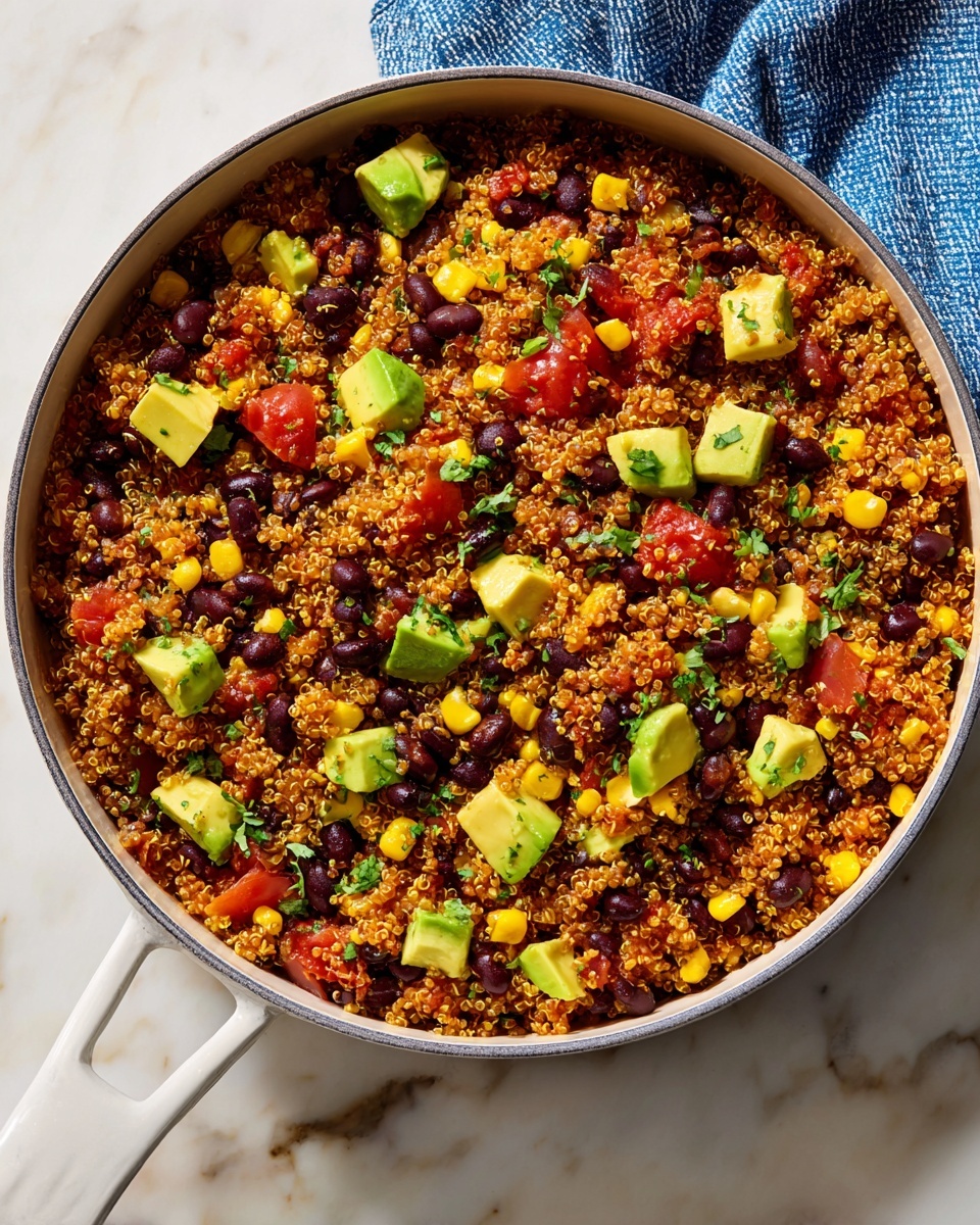 A deep white pan filled with a colorful quinoa mix showing three main layers: a base layer of small, round, light orange quinoa grains mixed with dark black beans spread evenly, the middle layer has bright yellow corn kernels and small pieces of green avocado scattered throughout, and the top layer includes red tomato chunks and bits of green herbs, all combined to create a vibrant, textured look. The pan sits on a white marbled surface, and part of a blue and white cloth is visible at the top right corner. photo taken with an iphone --ar 4:5 --v 7