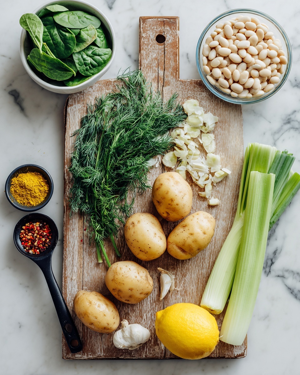 A wooden cutting board is placed on a white marbled surface, holding several fresh ingredients arranged neatly. There are four light brown potatoes in the center, with a small pile of garlic cloves near the top. To the left, fresh green dill is laid out with a black measuring spoon filled with red pepper flakes resting beside it. Along the right side, there are two long stalks of green celery and a single leek with a white and green gradient. A bright yellow lemon sits at the bottom right corner. In the upper background, a clear glass bowl filled with white beans and a white bowl with fresh spinach leaves are partially visible, along with a small black bowl containing a yellow powder. Photo taken with an iphone --ar 4:5 --v 7