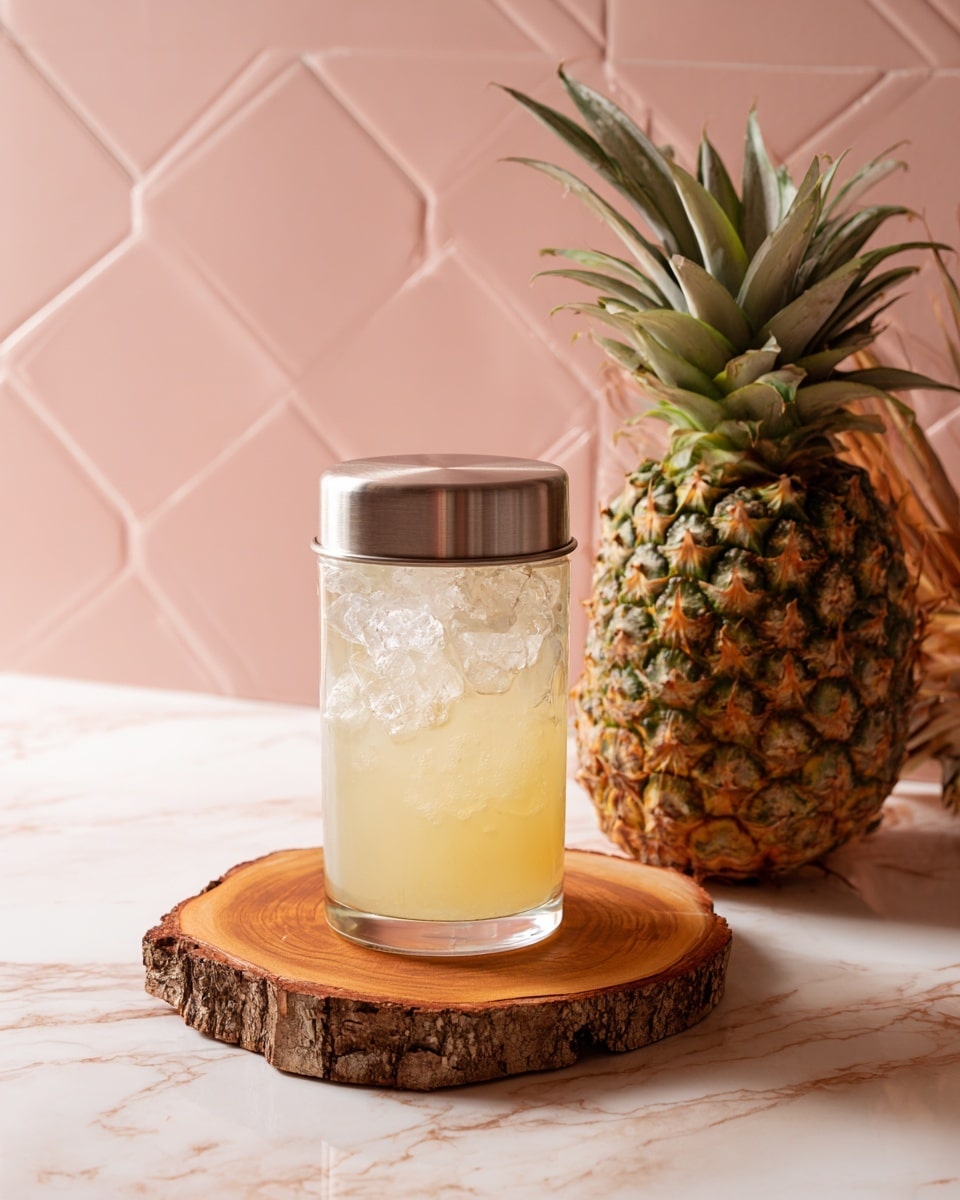 A clear glass cocktail shaker filled with a light yellow drink and ice cubes, topped with a shiny silver metal lid, sits on a round wooden coaster with bark around the edge. To the right of the shaker, a whole pineapple with green leaves and textured brown skin is placed. The scene has a soft pink tiled wall in the background and a smooth white marbled surface below. photo taken with an iphone --ar 4:5 --v 7