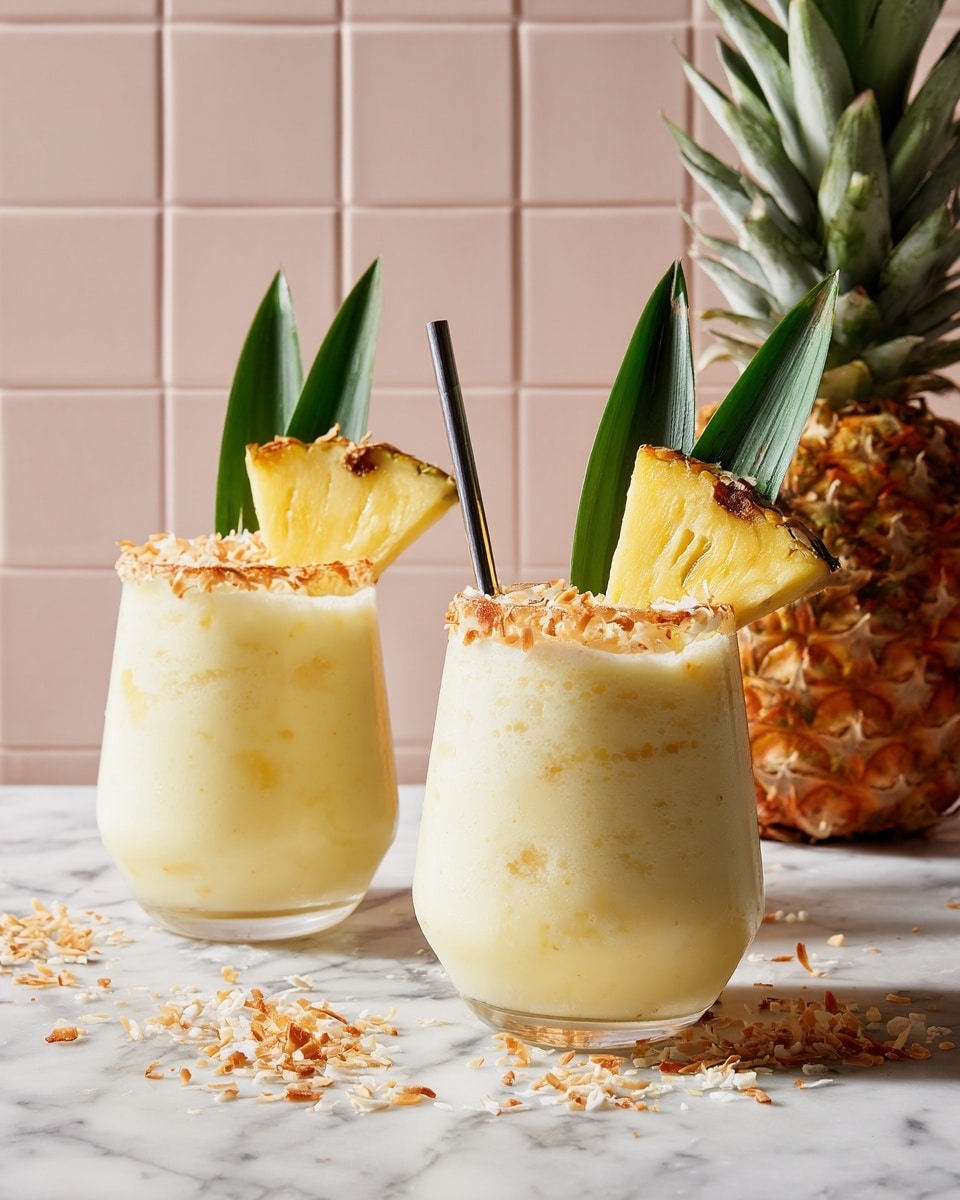Two glasses of creamy light yellow pineapple drinks are seen, each with a layer of toasted coconut flakes around the top rim. A slice of fresh pineapple with its green leaf is placed inside each glass on a small metal skewer, showing the yellow juicy texture of the pineapple flesh and the green pointed leaves. The drinks are cold, with a smooth texture that looks slightly frothy near the top, and there are faint ice marks inside the glasses. The glasses sit on a smooth white marbled surface with some scattered toasted coconut flakes and pineapple leaves around them. A whole pineapple with a rough textured skin and green leaves is partly visible in the background, set before a soft pastel pink tiled wall. photo taken with an iphone --ar 4:5 --v 7