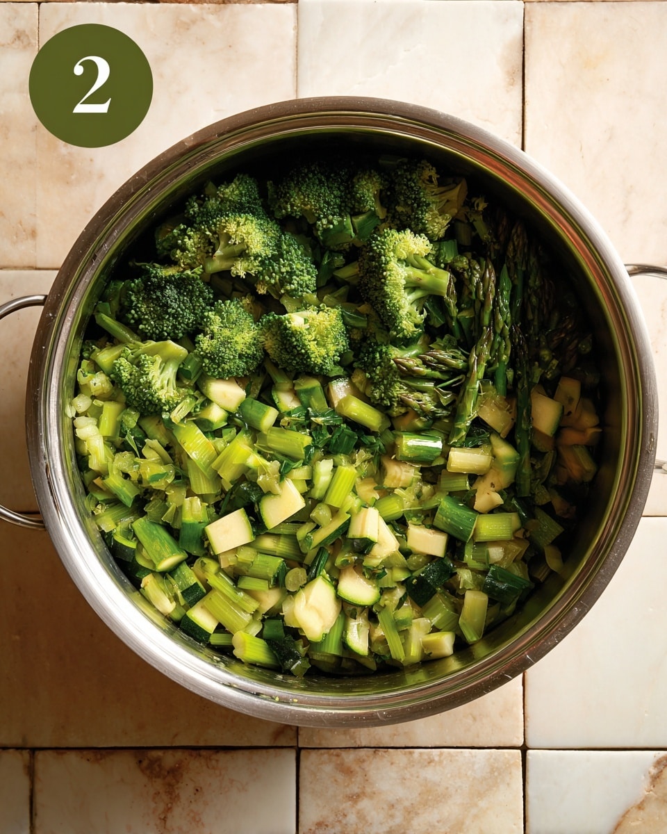 Inside a large shiny metal pot there is a mix of chopped green vegetables. The vegetables have three main types: bright green broccoli florets with a soft textured top, green asparagus pieces cut into short sections with a firm texture, and light green zucchini chunks with a smooth outer skin and white inside. The pot is placed on a white marbled surface with beige tiles in the background. The image has a round label with the number 2 in the top left corner. Photo taken with an iphone --ar 4:5 --v 7
