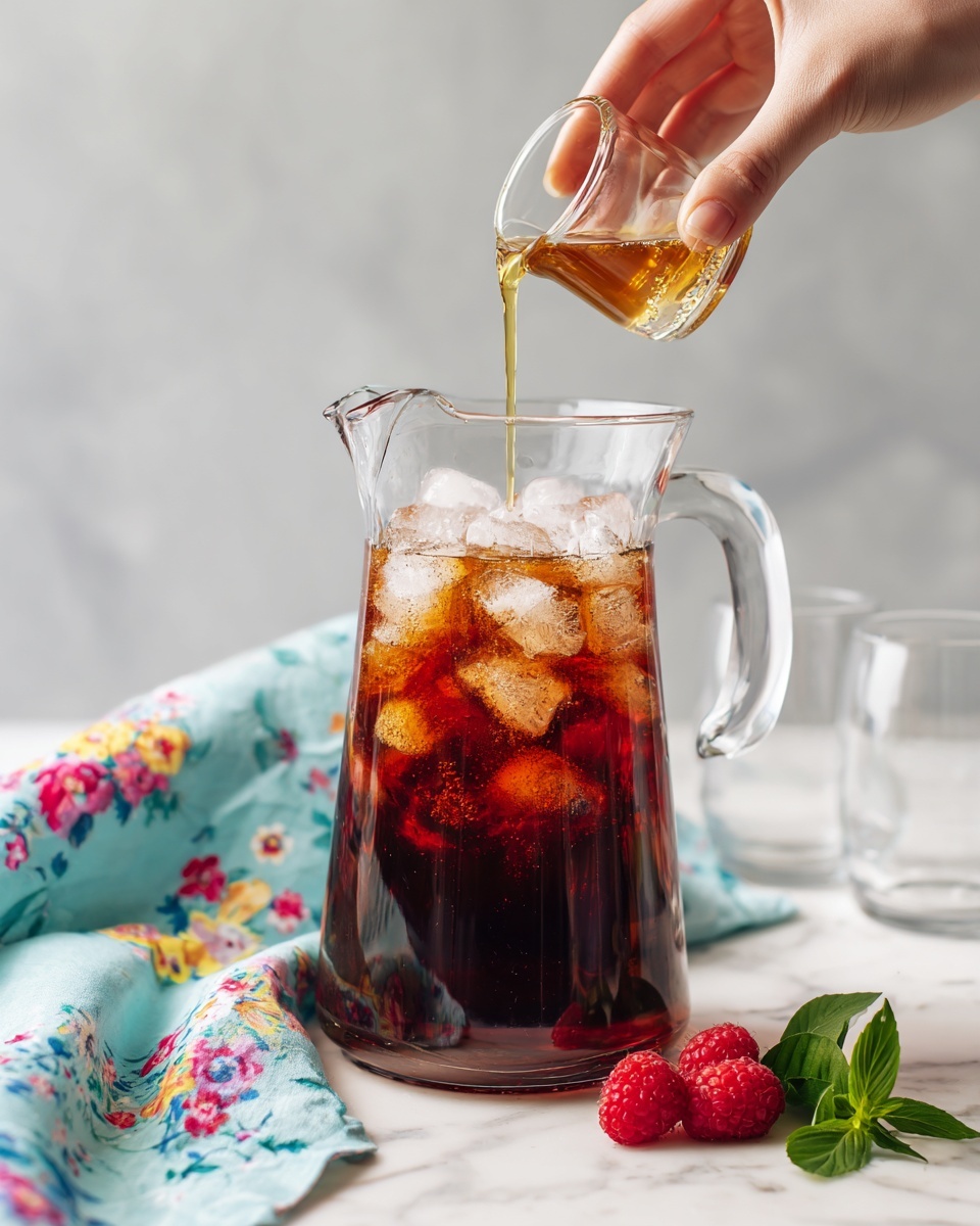 A clear glass pitcher filled about halfway with dark red iced tea and ice cubes, with a woman's hand pouring a light golden liquid from a small glass container into the pitcher, placed on a white marbled surface. Next to the pitcher, there is a light blue cloth with colorful floral patterns on the left and two fresh raspberries with green leaves on the right, with two empty clear glasses blurred in the background. Photo taken with an iphone --ar 4:5 --v 7