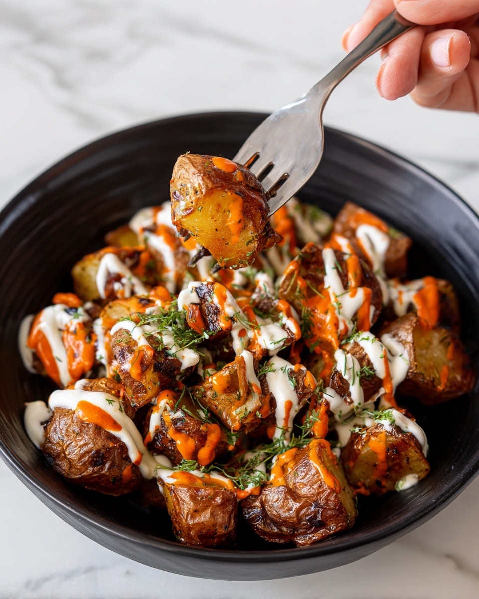 The image shows a black bowl full of roasted potato pieces with crispy brown skin. Each potato piece is covered in a bright orange sauce, with white creamy sauce drizzled over in thin lines. Small green herb pieces are scattered on top, adding color contrast. A woman's hand holds a fork lifting one piece of potato, which is fully coated in the sauces and herbs. The bowl sits on a white marbled surface. photo taken with an iphone --ar 4:5 --v 7