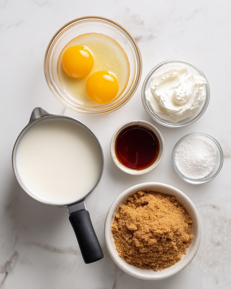 The image shows five ingredients arranged on a white marbled surface, each in a separate container. In the top center, there is a small glass bowl holding two raw yellow egg yolks and clear egg whites. To the right, a small white bowl filled with a dark amber liquid, likely vanilla or syrup. Below it, a small glass container includes a white powdery ingredient, possibly baking powder or flour. At the bottom center is a small white bowl filled with light brown, crumbly sugar. On the left side, a silver pot with a black handle contains a smooth white liquid, likely milk or cream. photo taken with an iphone --ar 4:5 --v 7