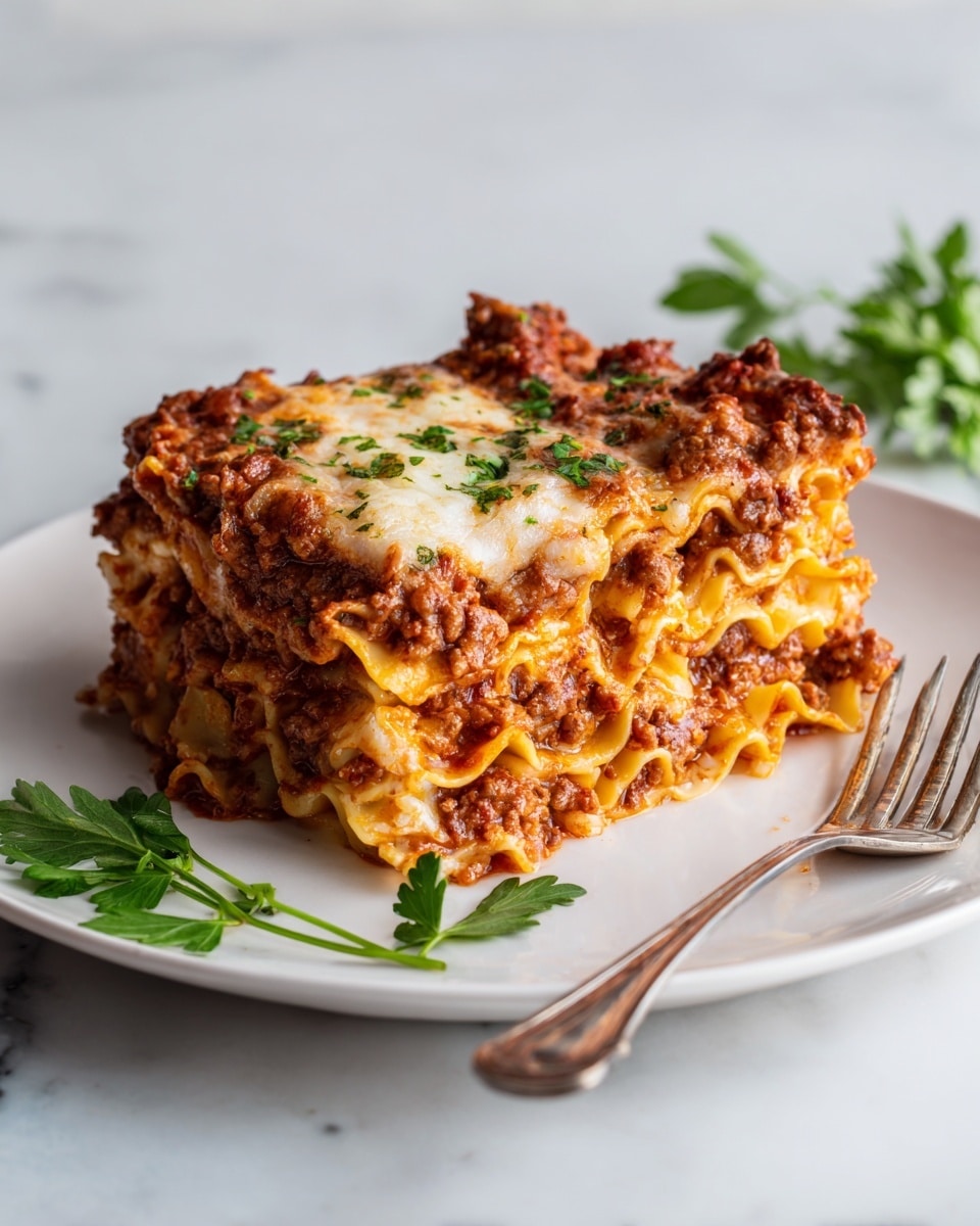 A thick square piece of lasagna sits on a white plate with a white marbled background, showing four visible layers of ruffled yellow pasta sheets alternating with layers of reddish-brown meat sauce mixed with tomato and topped with bubbly, melted white cheese. The cheese has a slightly browned texture and is sprinkled with bright green herb leaves. Fresh green herb sprigs lie around the plate, and a silver fork is placed on the right side. Photo taken with an iphone --ar 4:5 --v 7